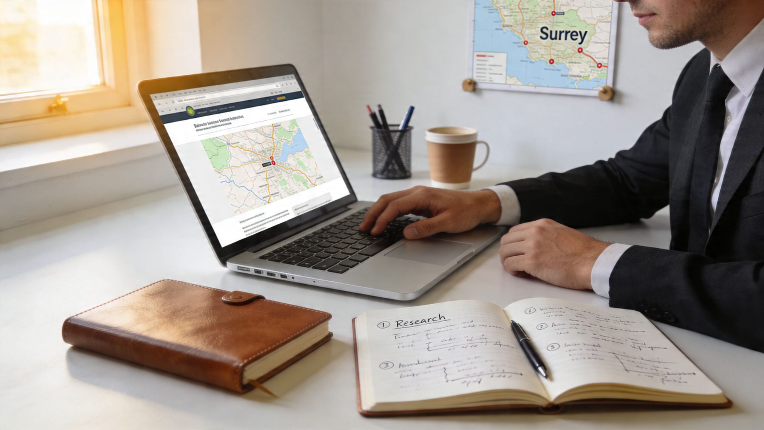A professional in a suit reviewing research materials and map data on a laptop in an office.
