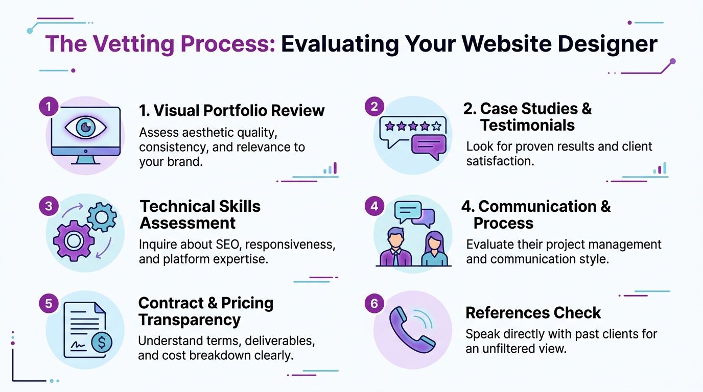An infographic titled The Vetting Process outlining six key steps to evaluate a professional website designer.
