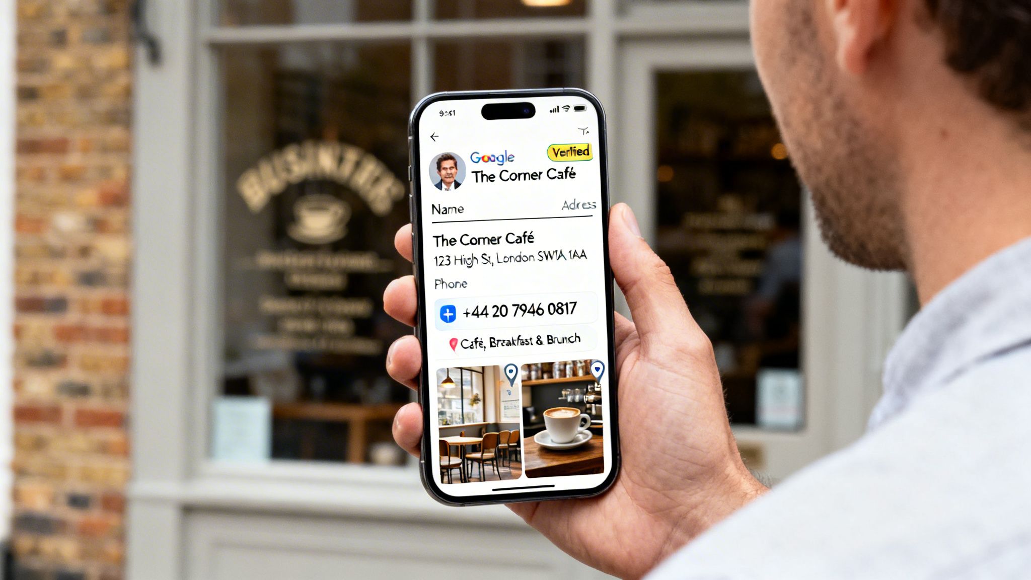 A person holds a phone displaying a Google business profile for The Corner Café, with its address and phone number visible.