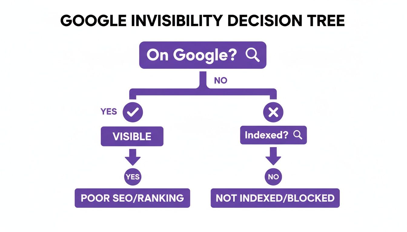 A decision tree flowchart explaining reasons for poor Google visibility and ranking issues.