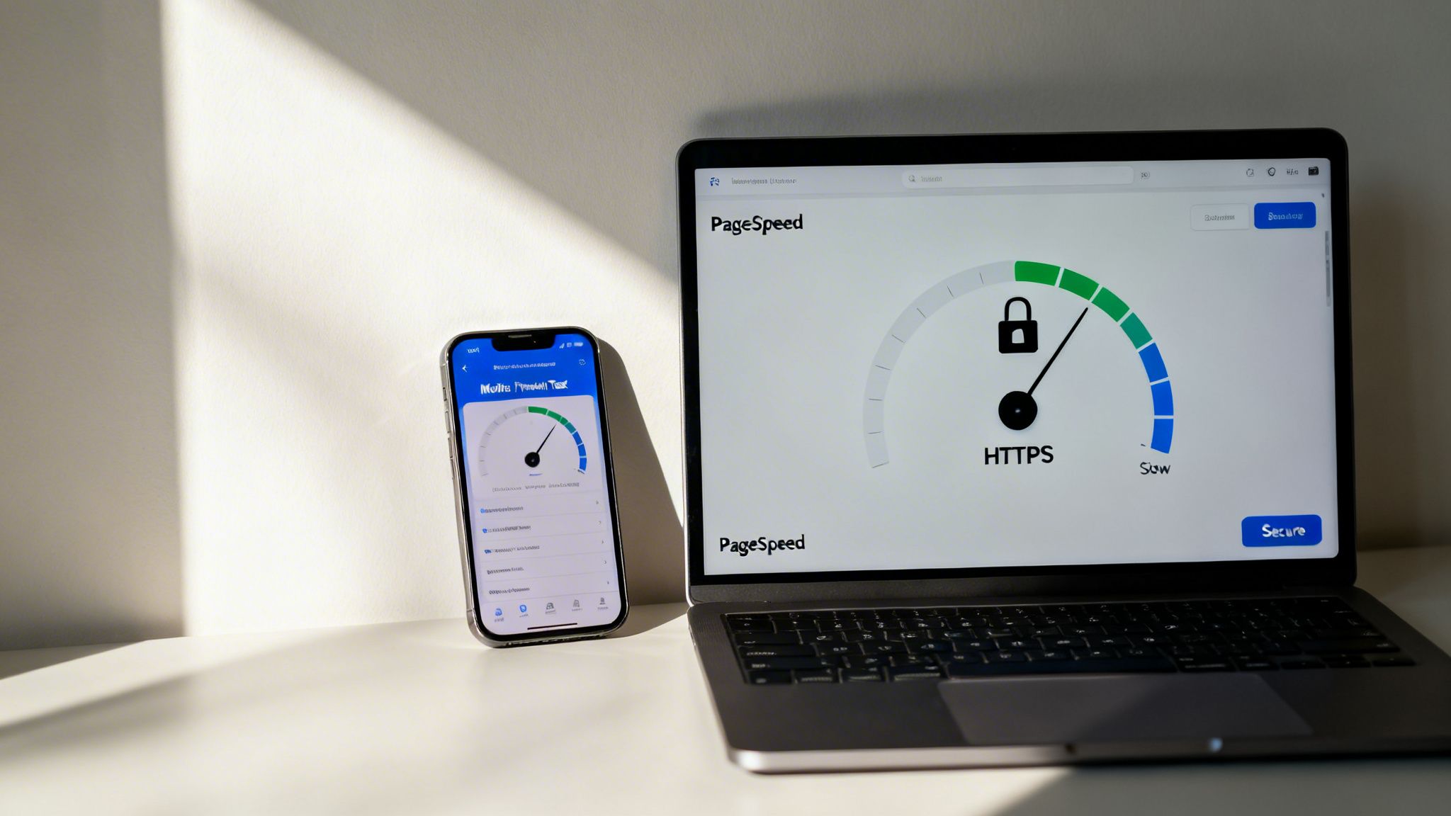 A laptop and smartphone displaying speed test results for website performance and HTTPS security.