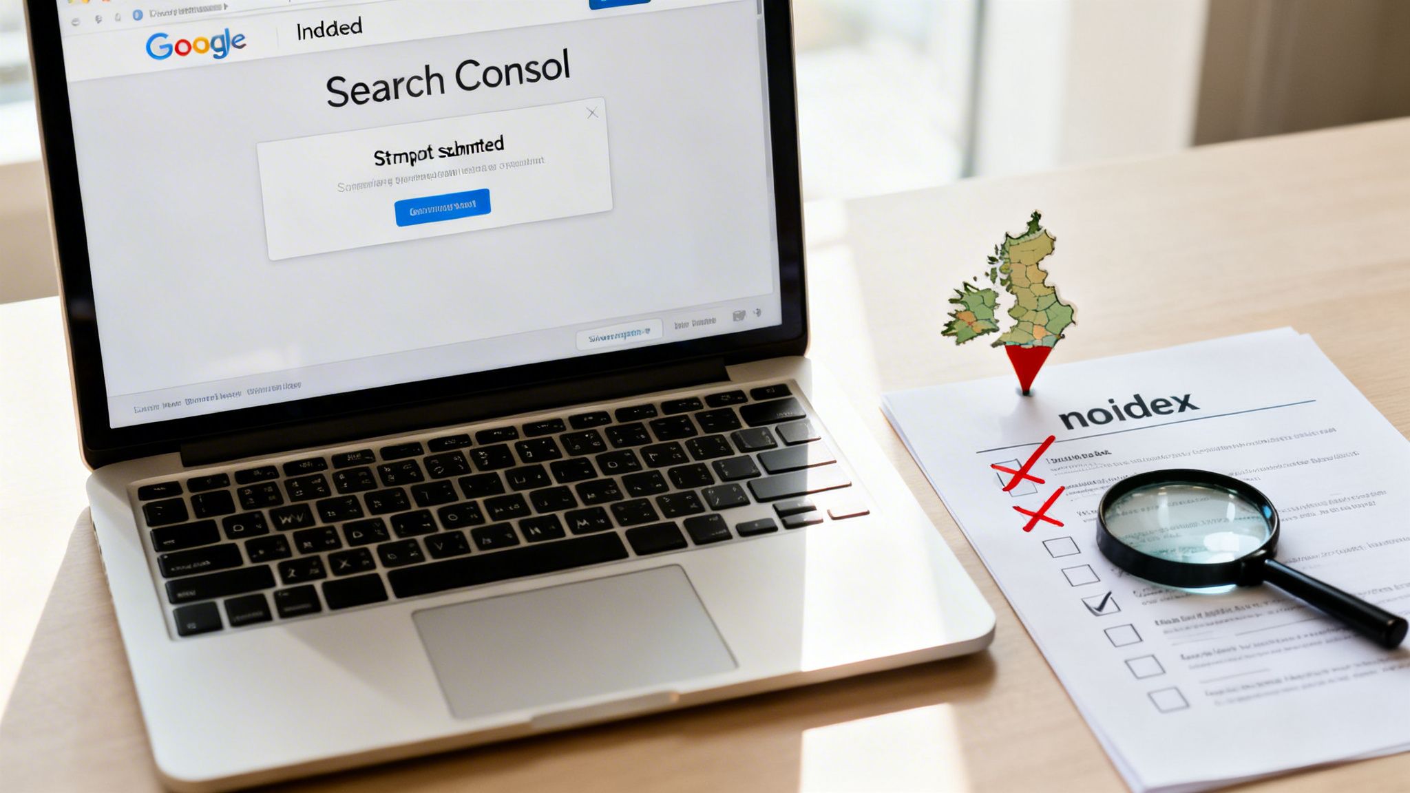 Laptop displays Google Search Console with 'Sitemap submitted' message, next to a 'noidex' document and UK map.