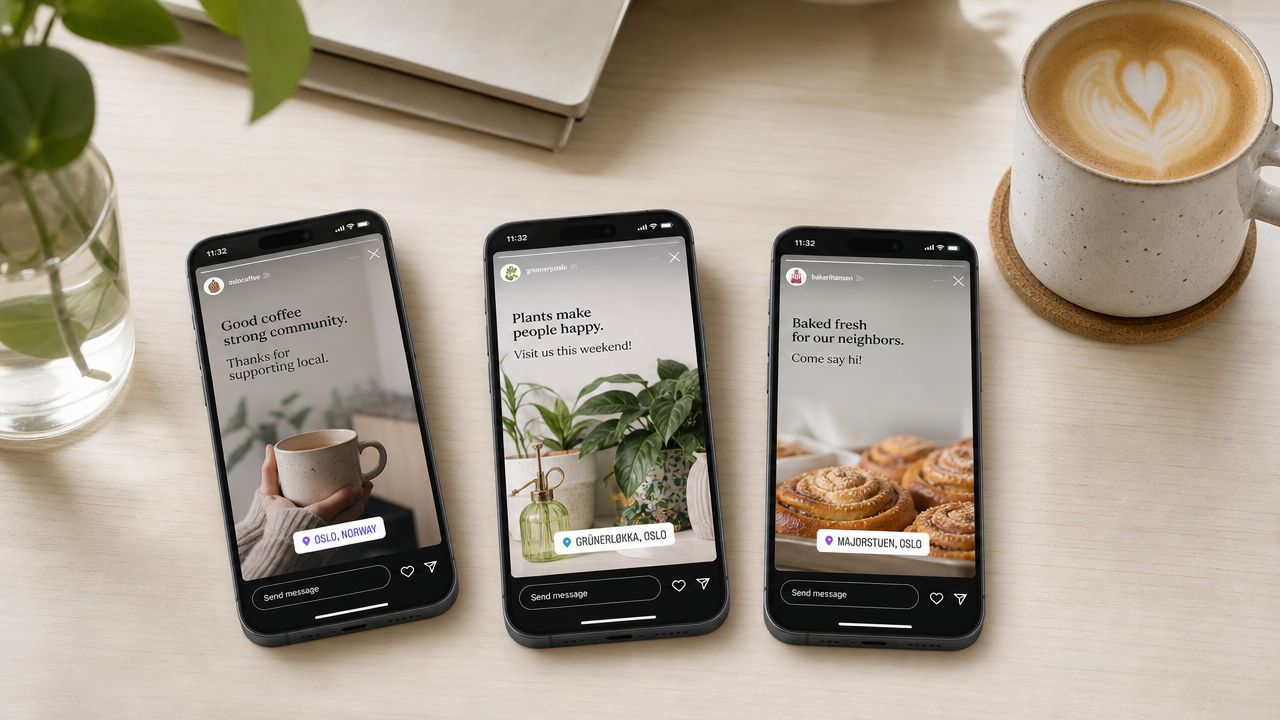 Three smartphones displaying Instagram stories from local businesses resting on a light wooden office desk.