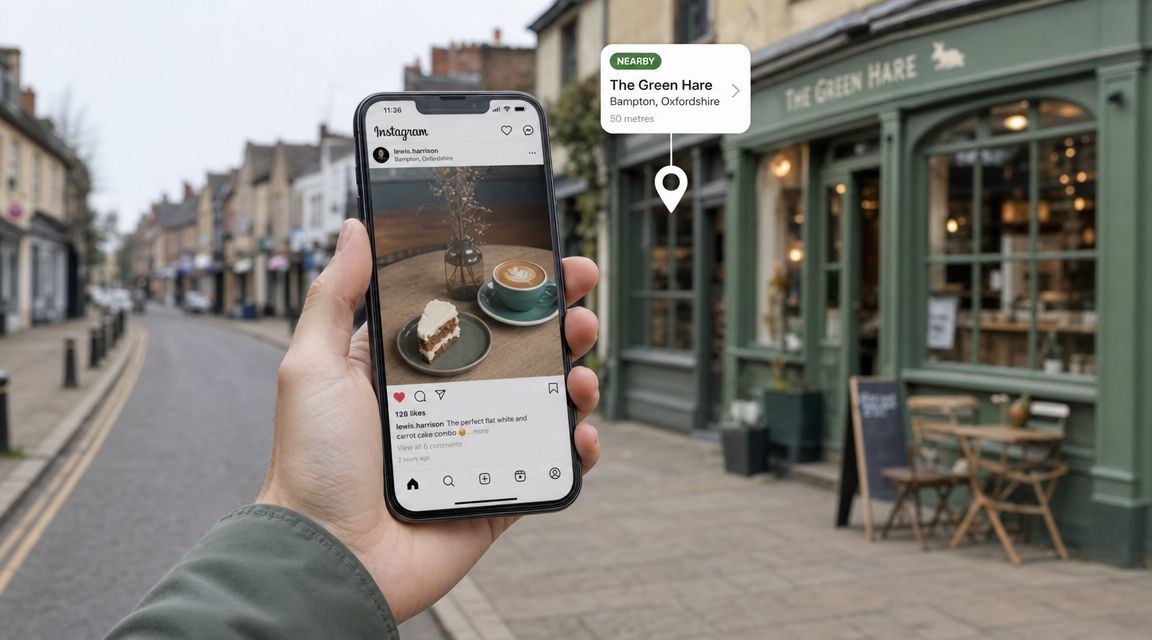 A hand holding a smartphone showing an Instagram feed of a coffee shop in front of a real store.