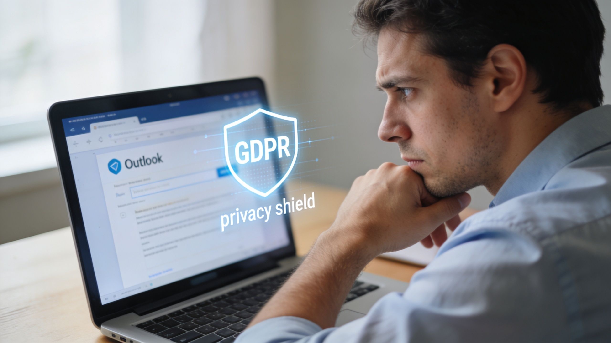 A man looking thoughtfully at his laptop screen displaying Outlook with a virtual GDPR privacy shield graphic.