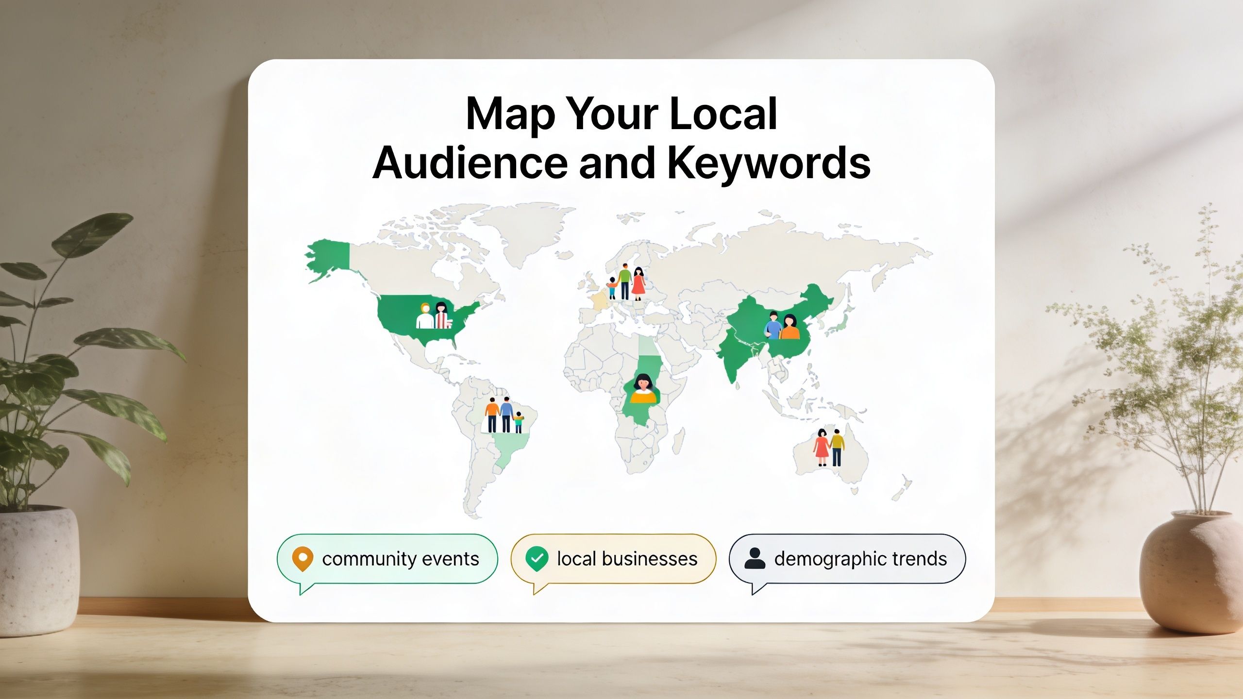 A map illustration titled Map Your Local Audience and Keywords showing diverse global locations and demographics.