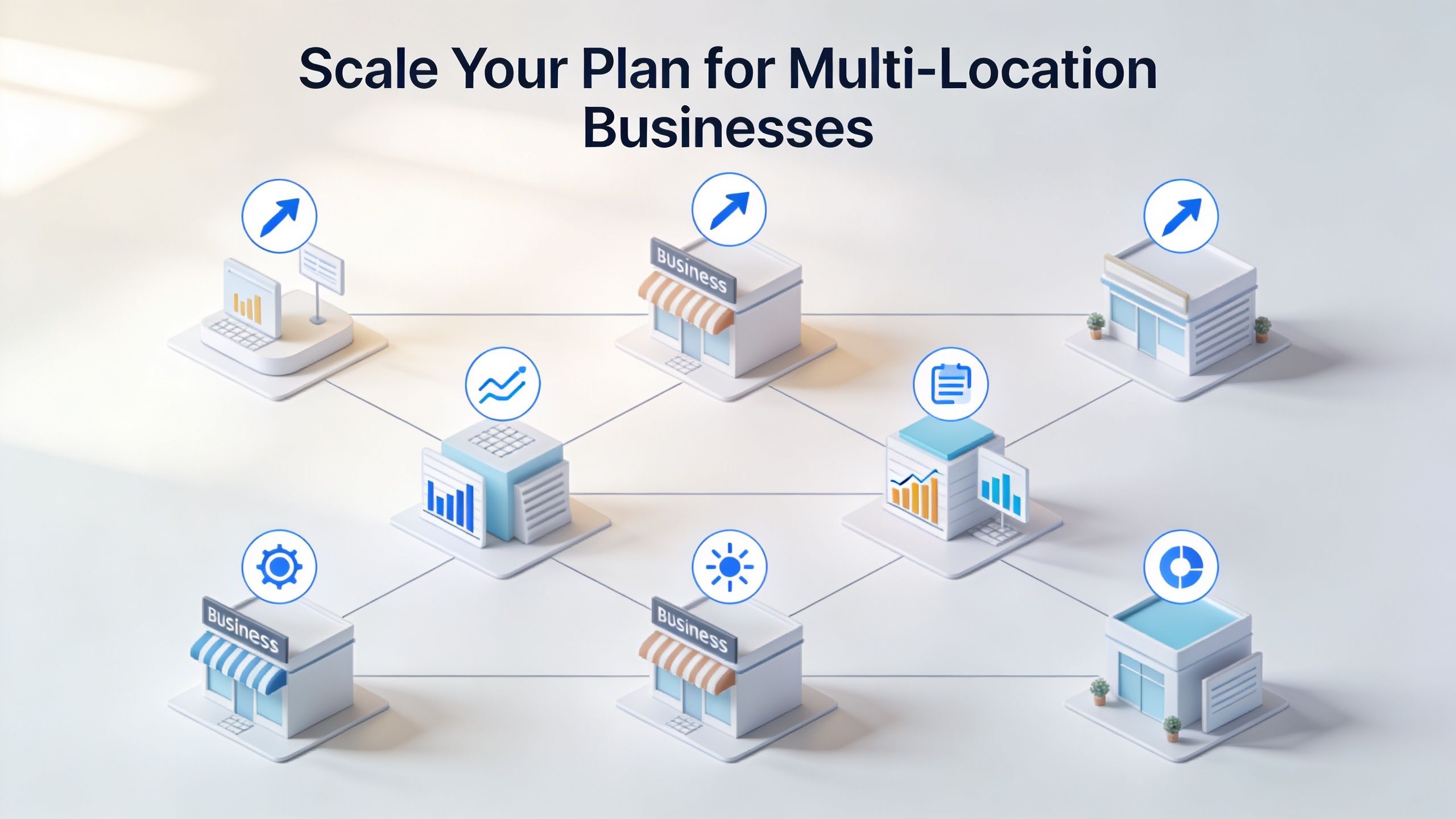 A diagram illustrating business scaling strategies with interconnected store locations and analytical performance icons.