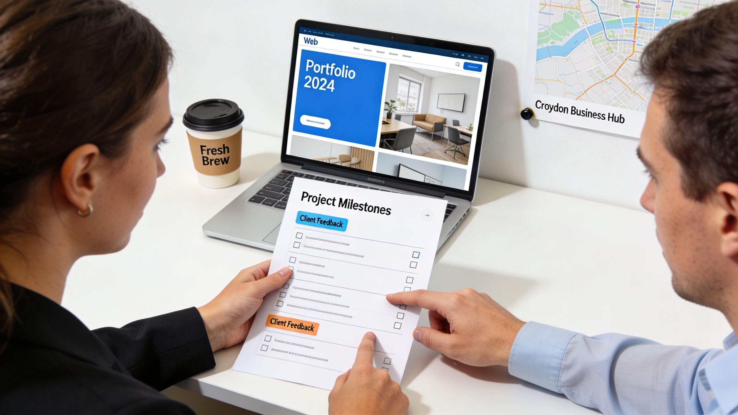 A professional team reviews project milestones and digital portfolio designs at a modern office workstation in Croydon.