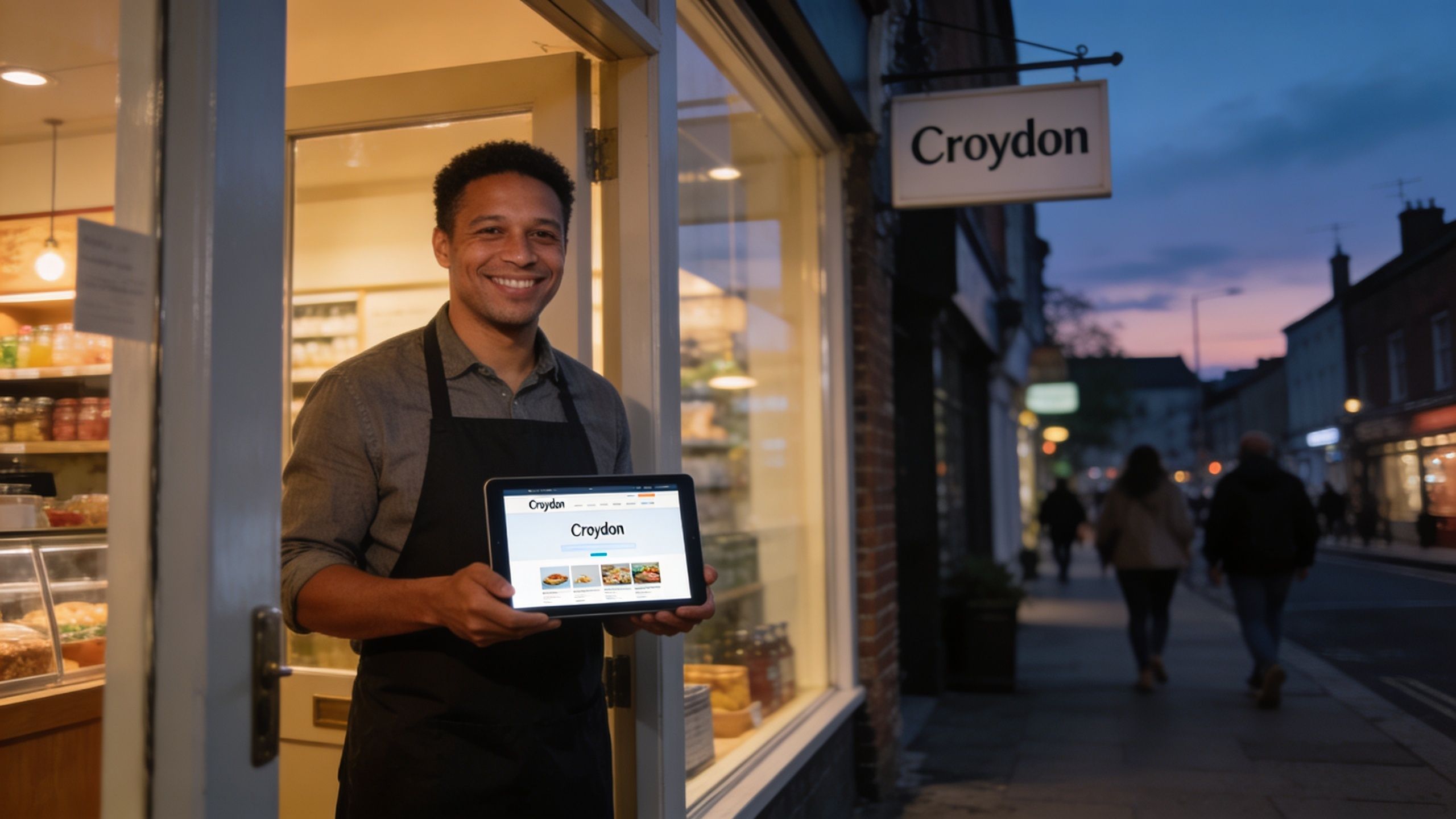 A friendly shop owner stands in a doorway holding a tablet showcasing a website about Croydon business.