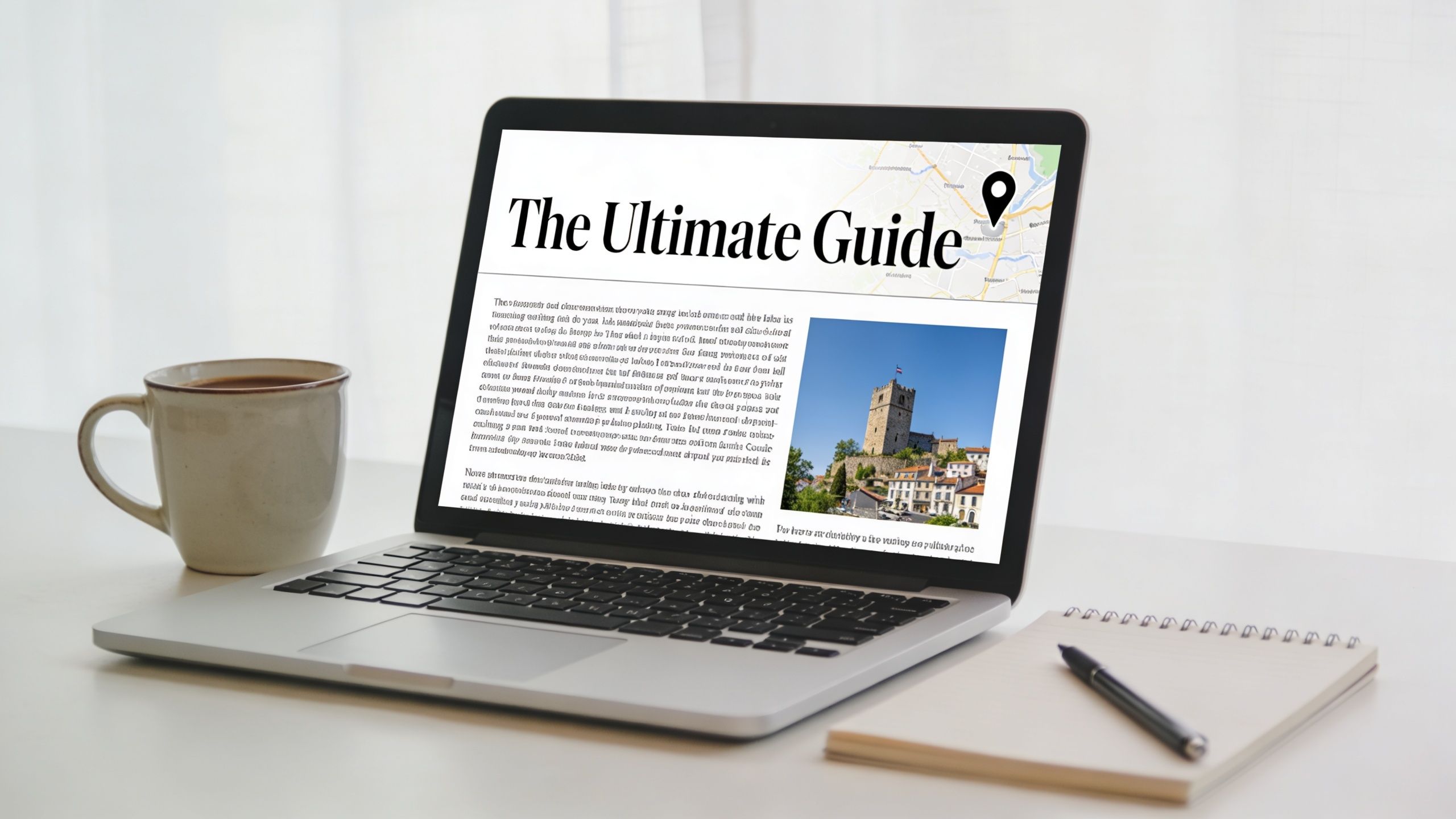 A silver laptop displaying an article titled The Ultimate Guide, next to a coffee mug and notebook.