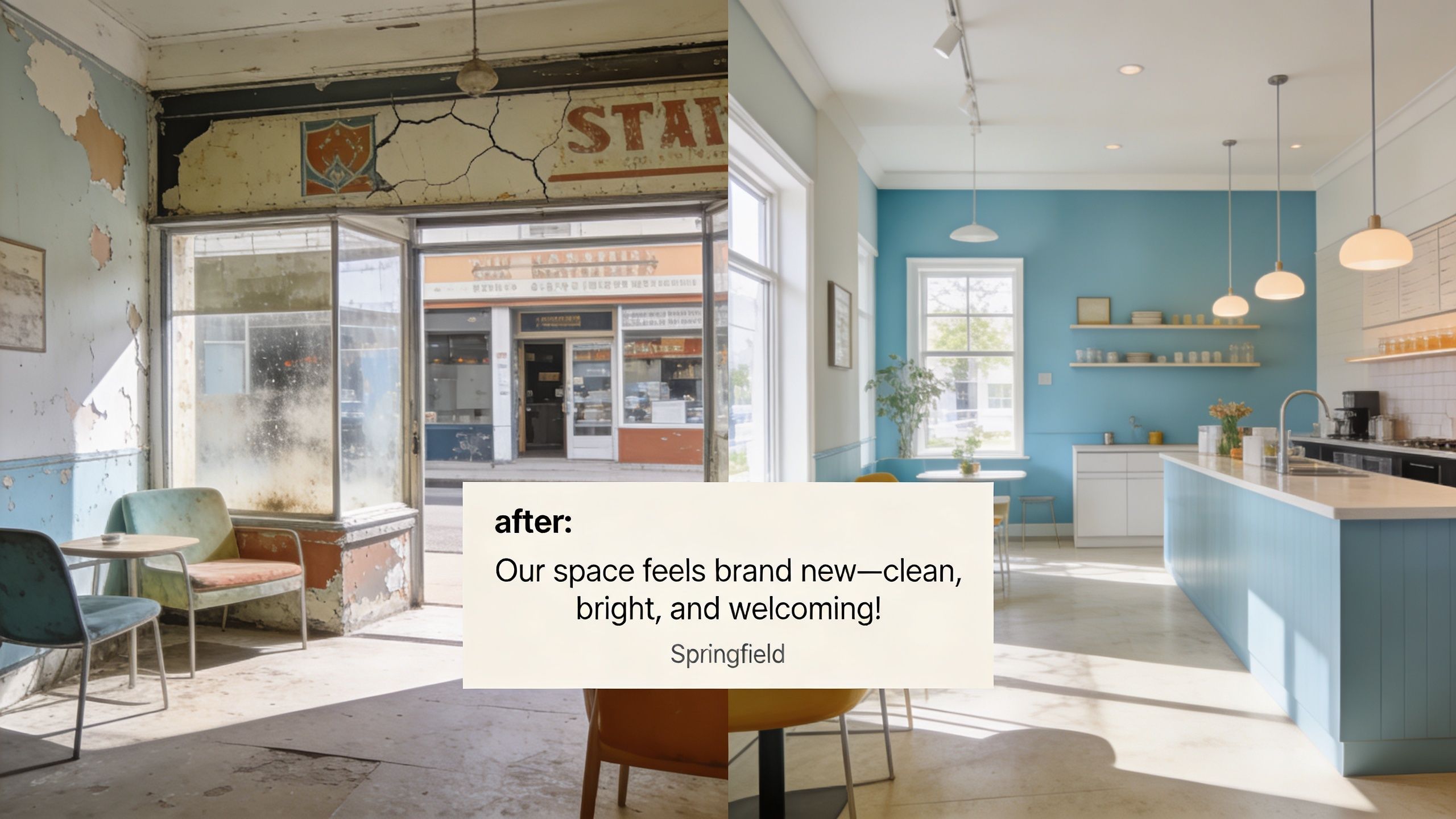 A split-screen comparison showing a dilapidated room before renovation and a bright, modern kitchen space after renovation.