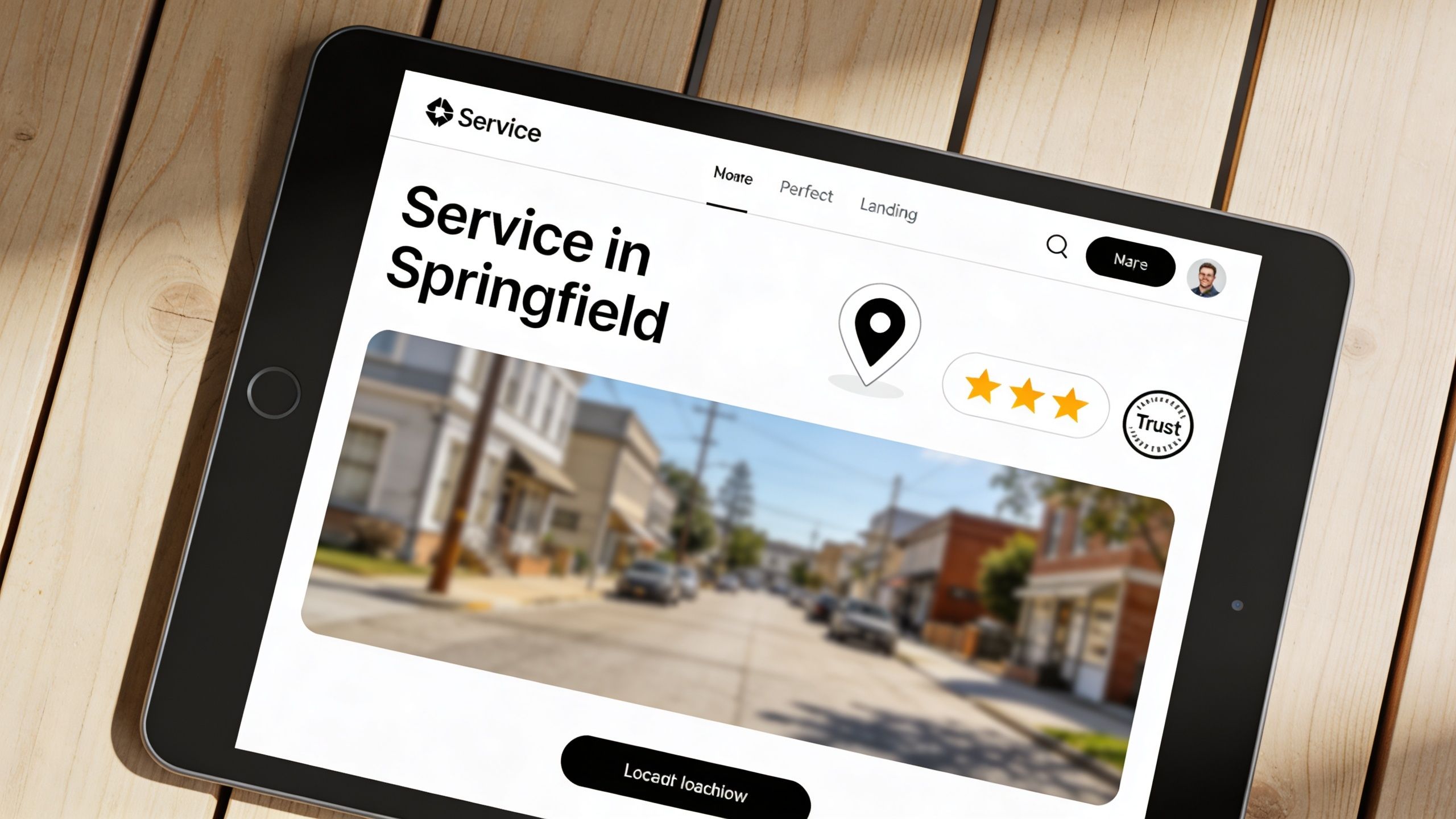 A digital tablet displaying a website about service in Springfield on a wooden table surface.