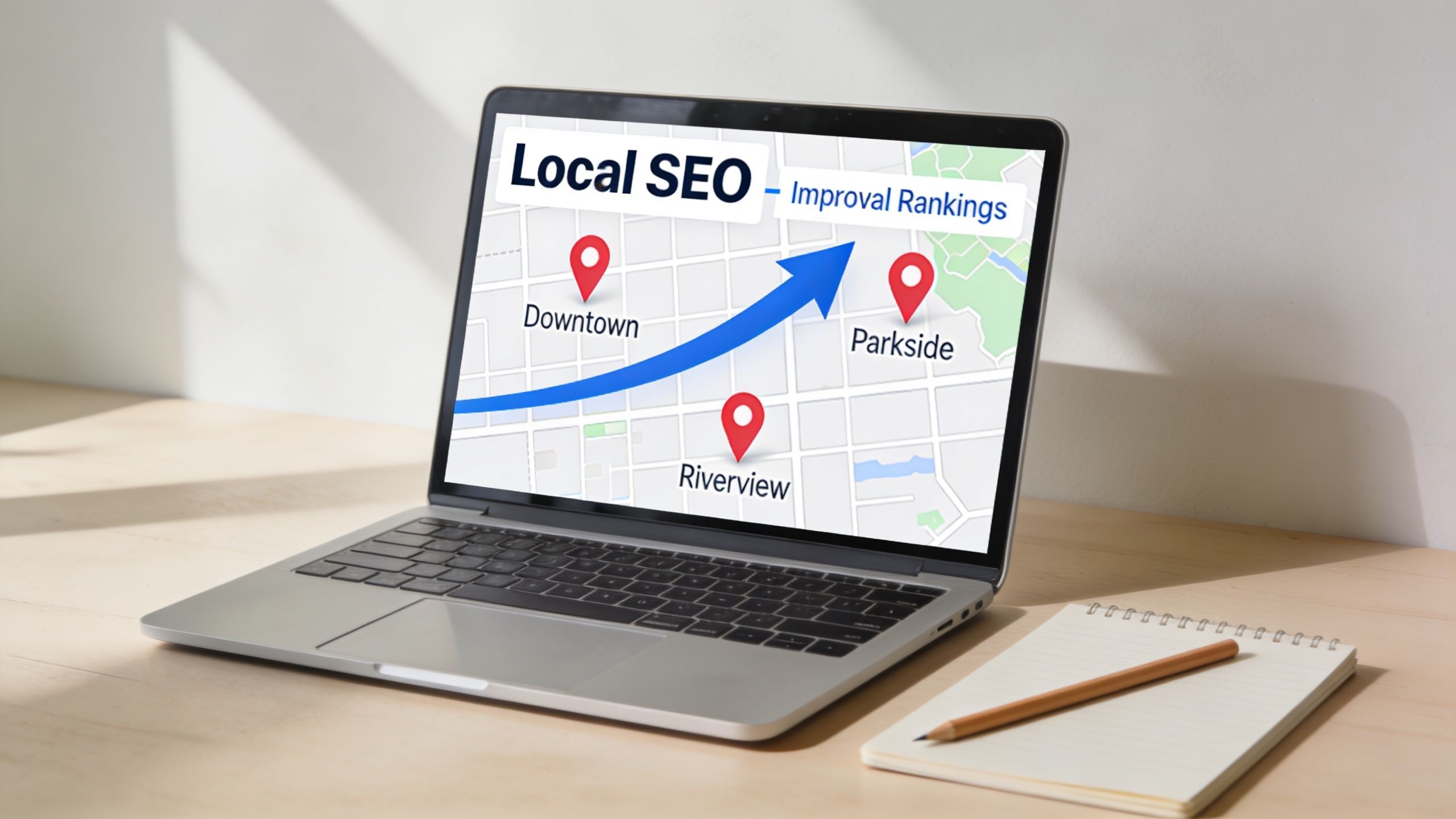 A silver laptop displaying a local SEO strategy graphic with map pins and an upward trend arrow.