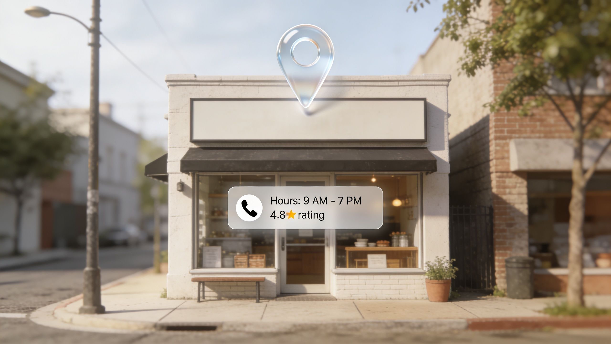 A small storefront featuring a digital map pin icon and a floating information box with business hours.