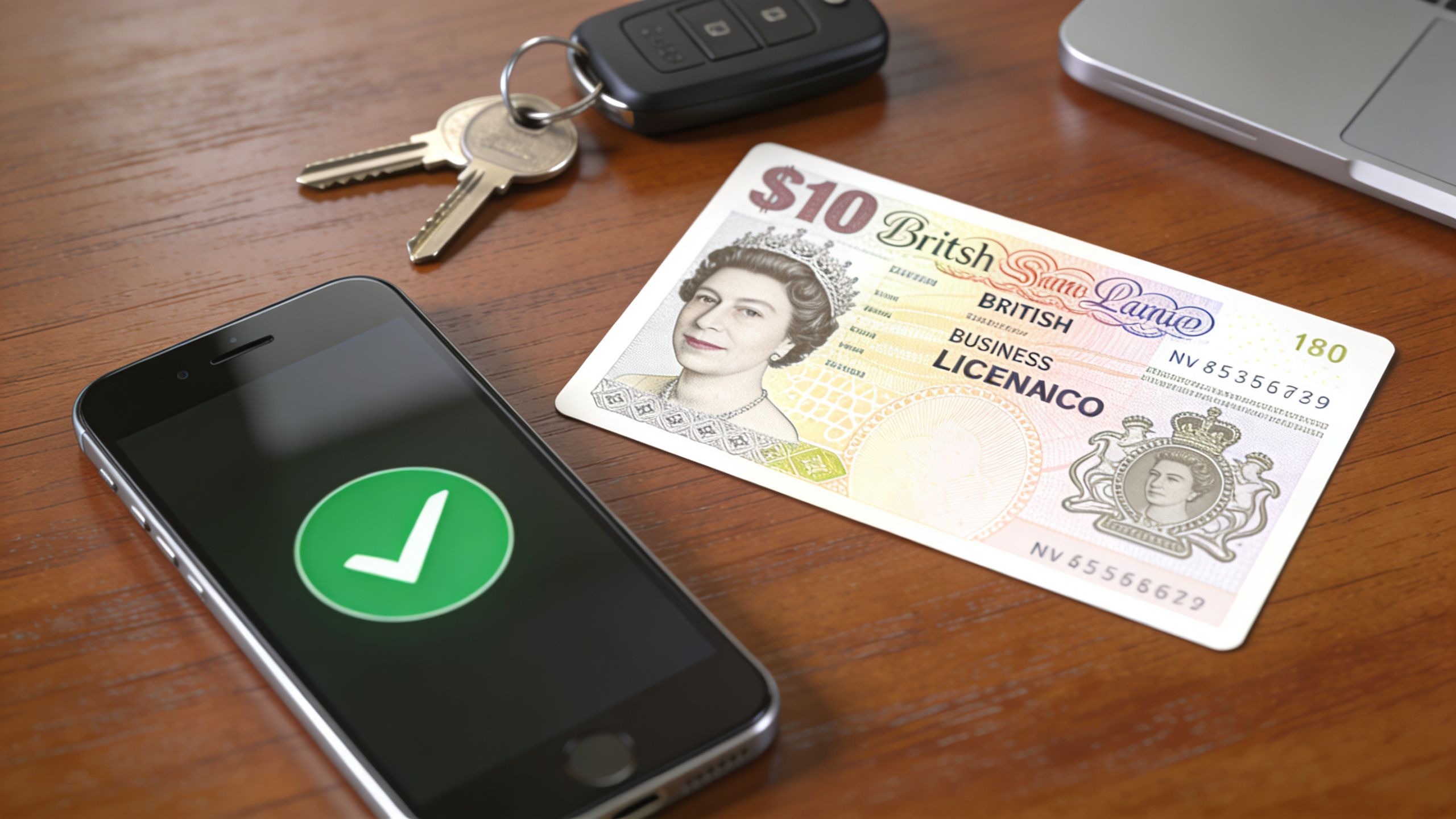 A smartphone with a checkmark, car keys, and a business license card on a wooden desk.