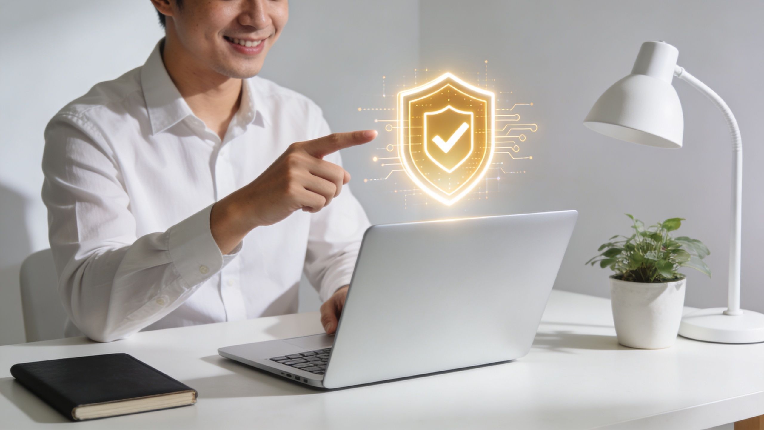 A businessman pointing at a glowing digital security shield icon floating above his laptop on a desk.