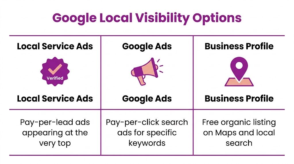 A chart illustrating the three main types of Google local visibility options for business owners.