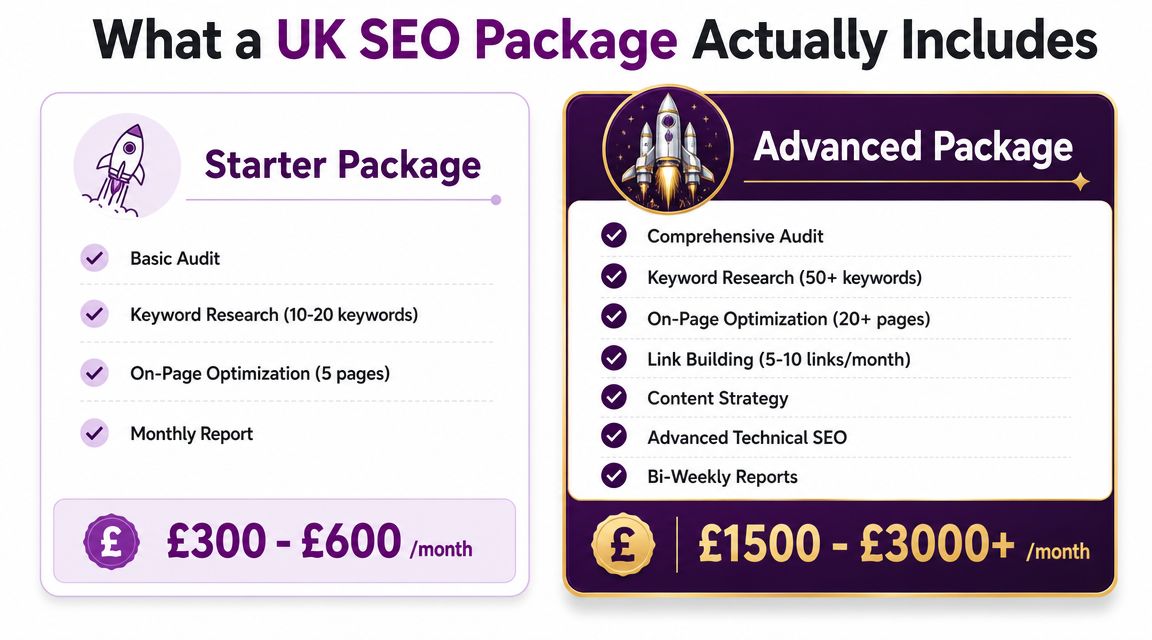 A comparison chart showing typical monthly pricing and services for UK Starter and Advanced SEO packages.