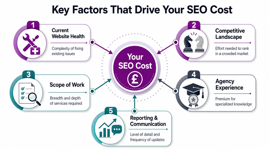 An infographic titled Key Factors That Drive Your SEO Cost, showing five main influences on pricing.