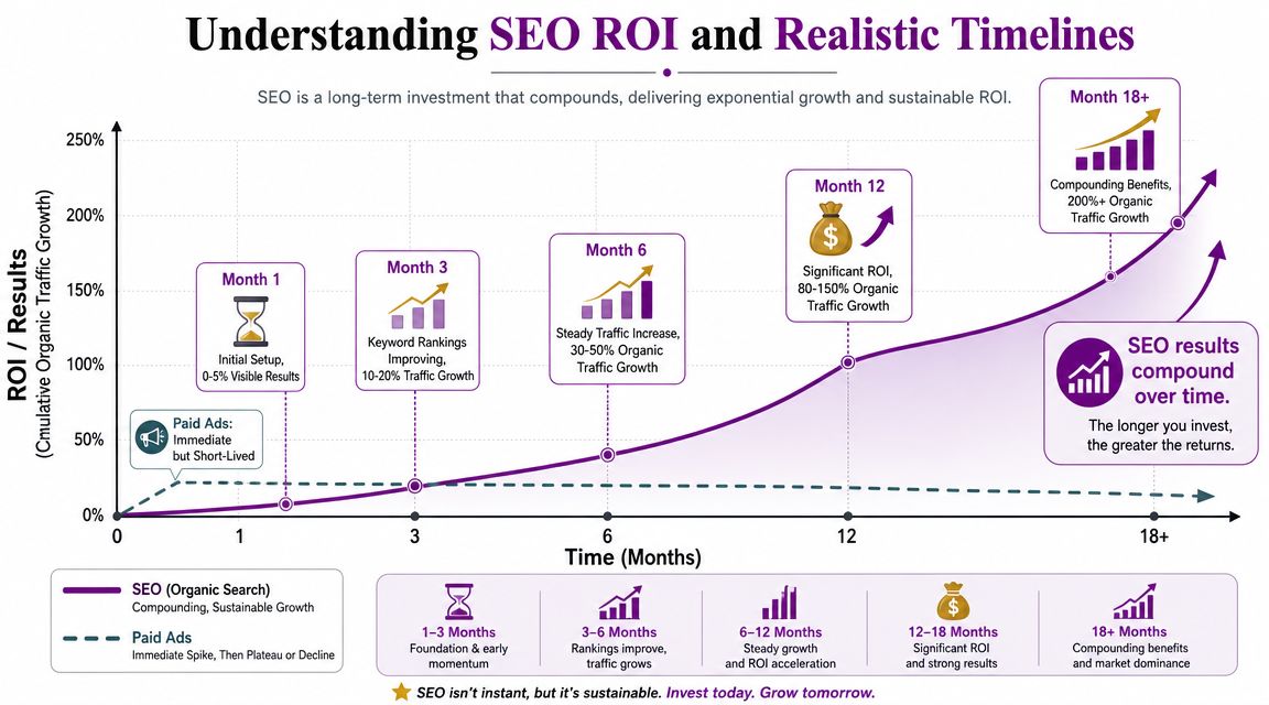 A chart showing how SEO provides compounding, long-term organic traffic growth compared to short-lived paid ads.