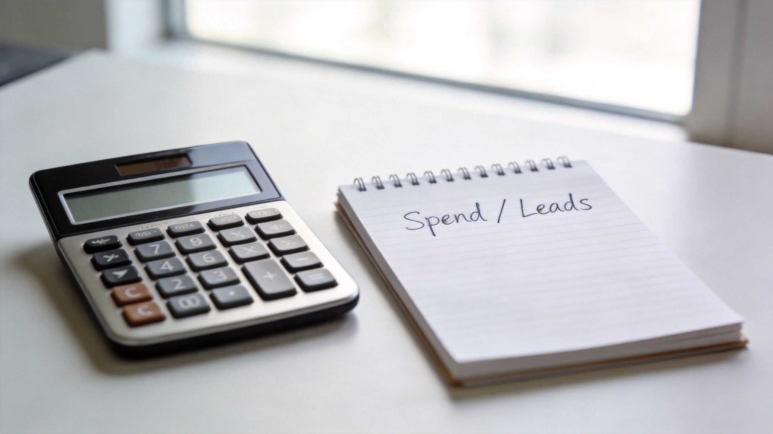 A black calculator sitting next to a spiral notebook with the words Spend / Leads written inside.