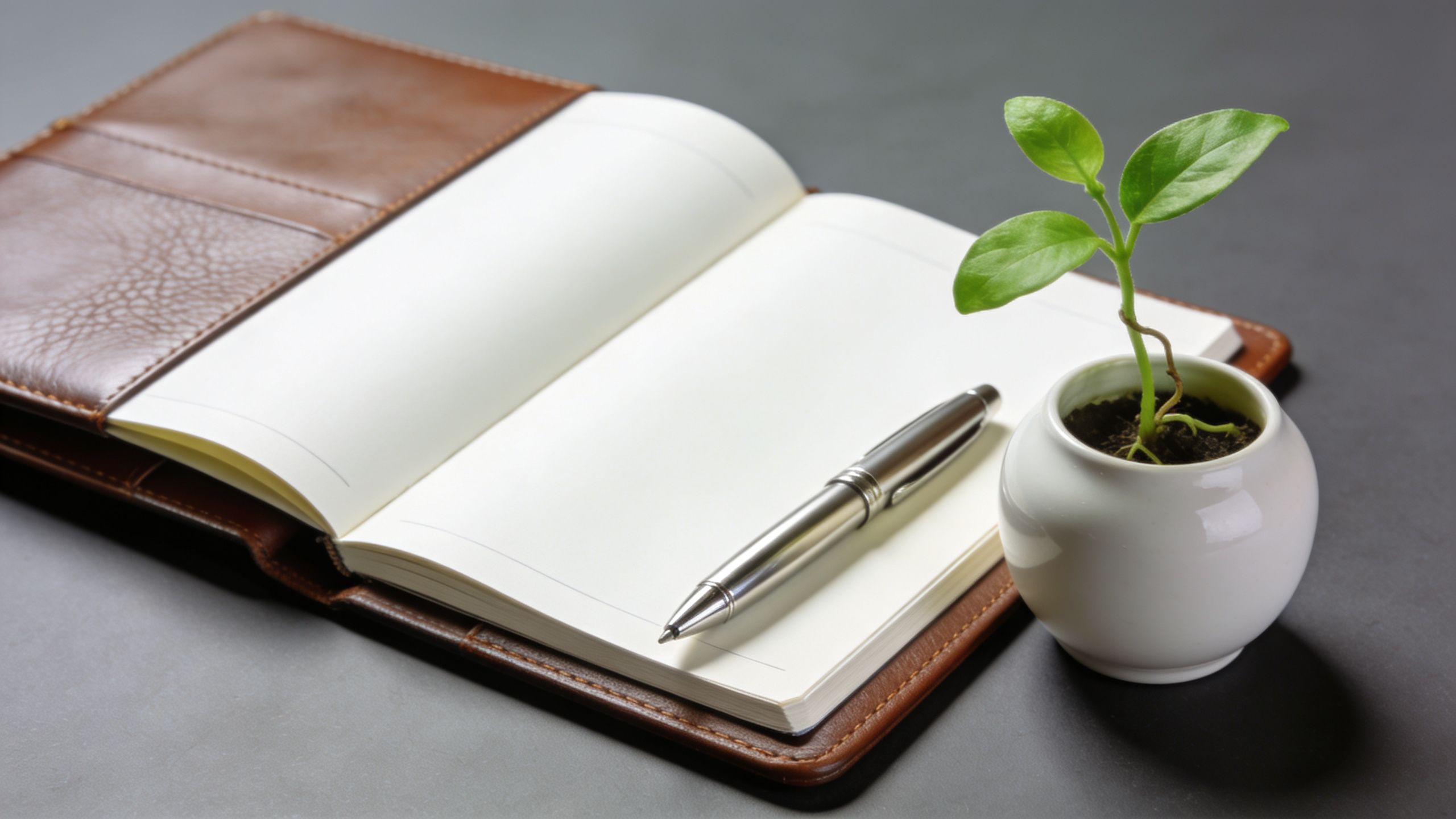An open notebook with a silver pen and a small green plant on a grey surface.