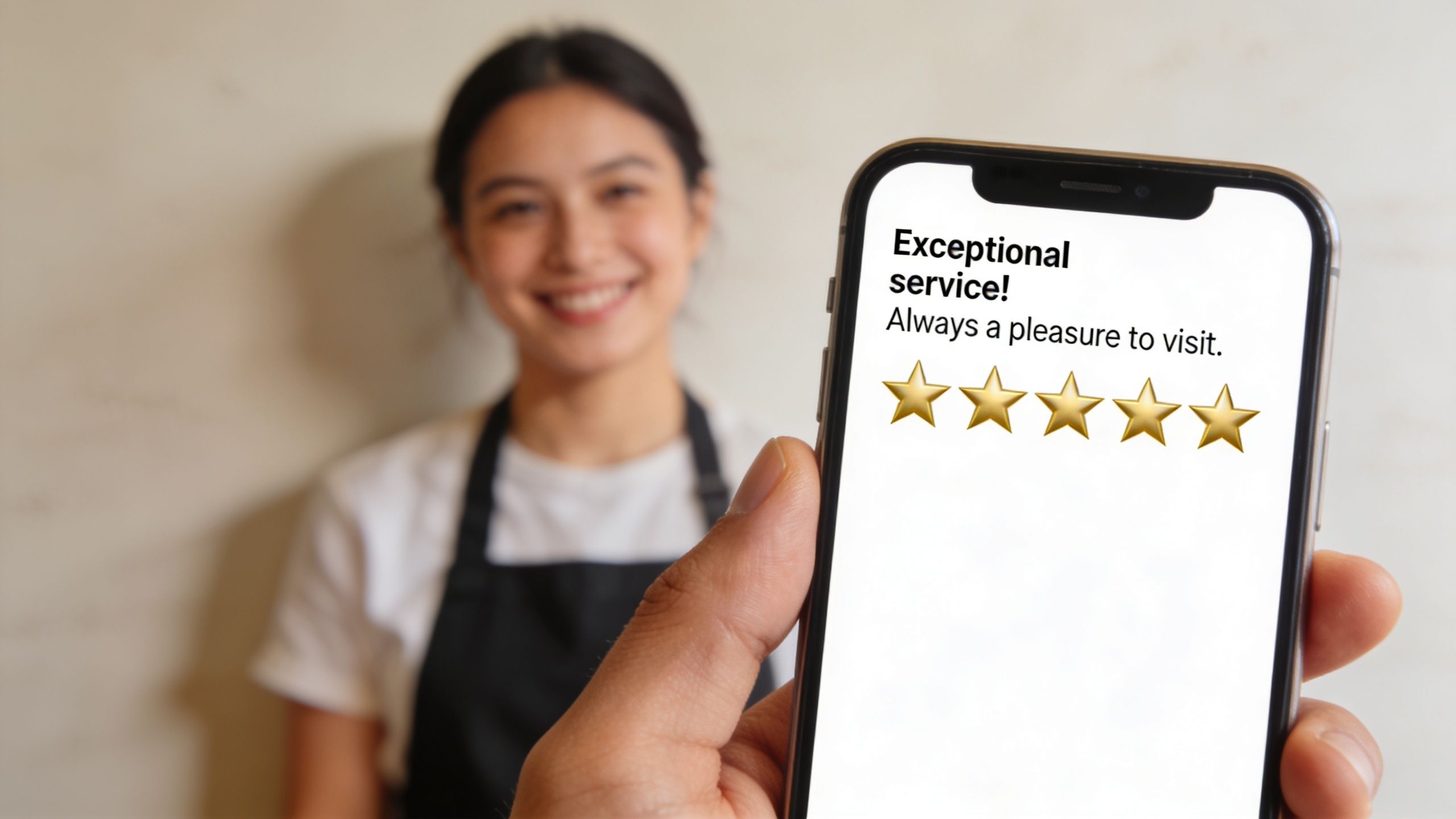A customer holding a smartphone displaying a five star positive review for excellent service at a store.