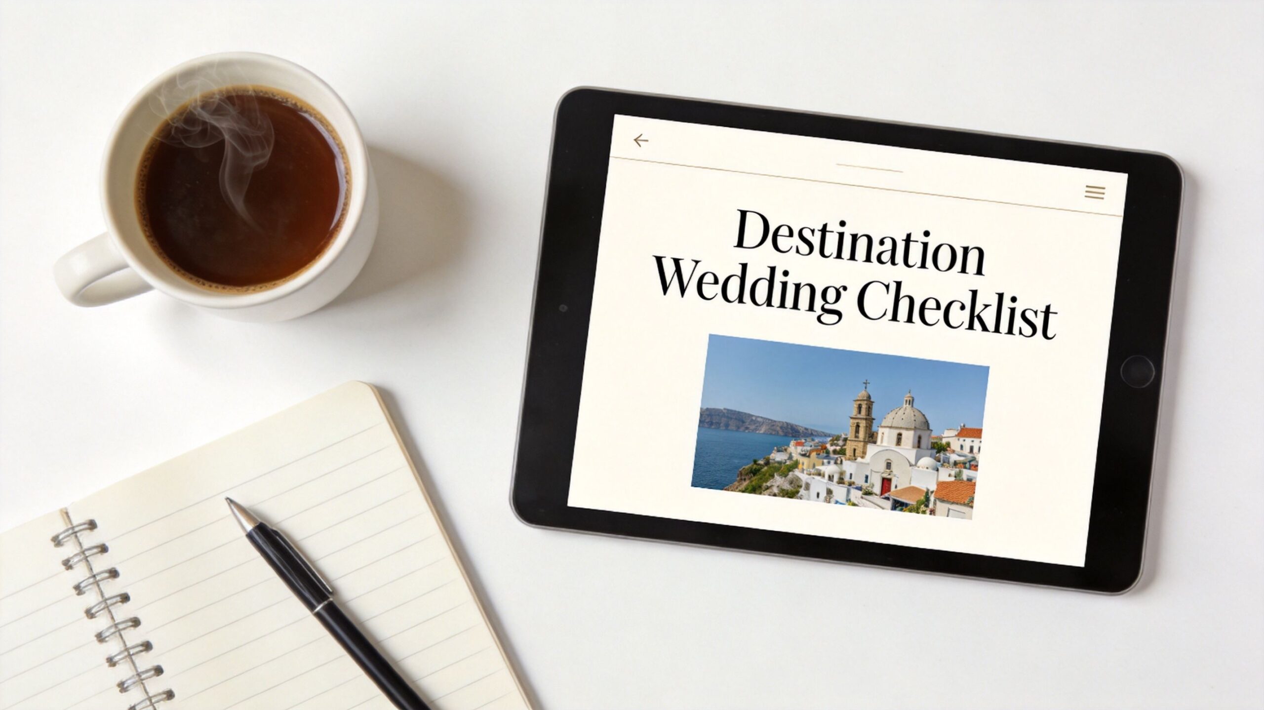 A tablet displaying a destination wedding checklist next to a cup of coffee and a notebook.