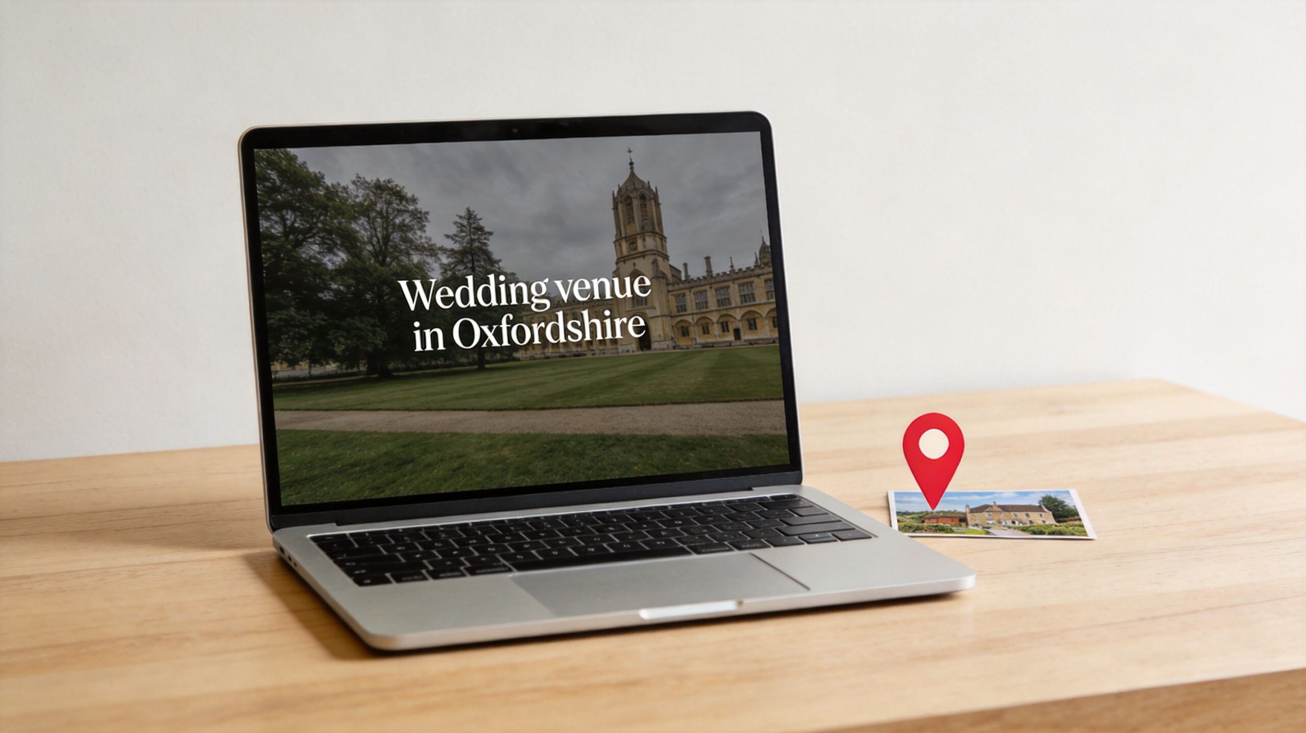 An open laptop on a wooden table displaying 'Wedding venue in Oxfordshire' with a map pin nearby.