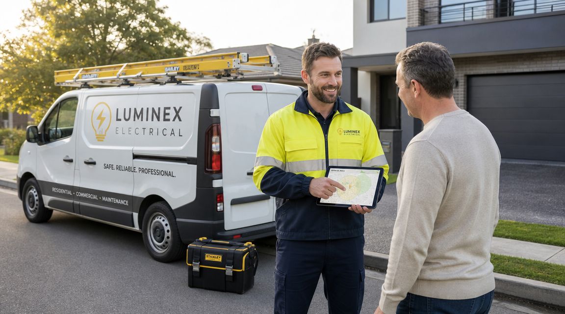 An electrician in a high-visibility uniform explains service coverage on a tablet to a homeowner.