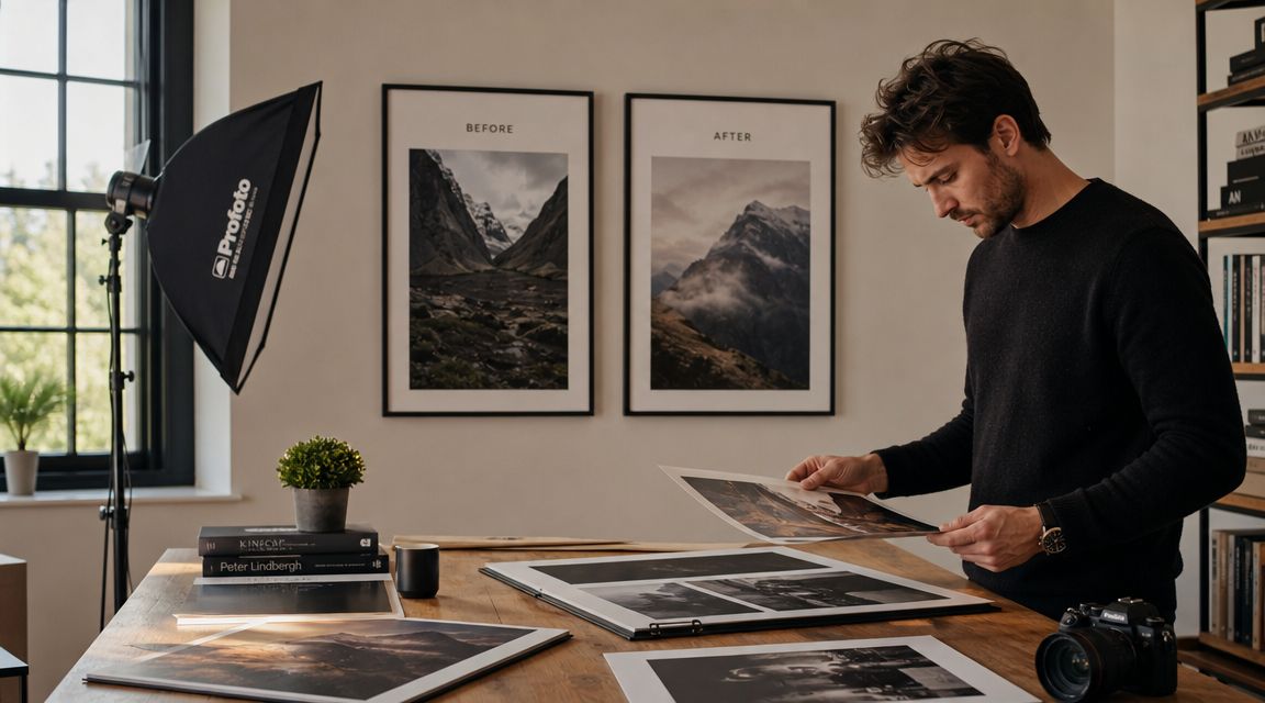 A professional photographer reviewing high-quality printed landscape landscape photography in a modern home office studio.