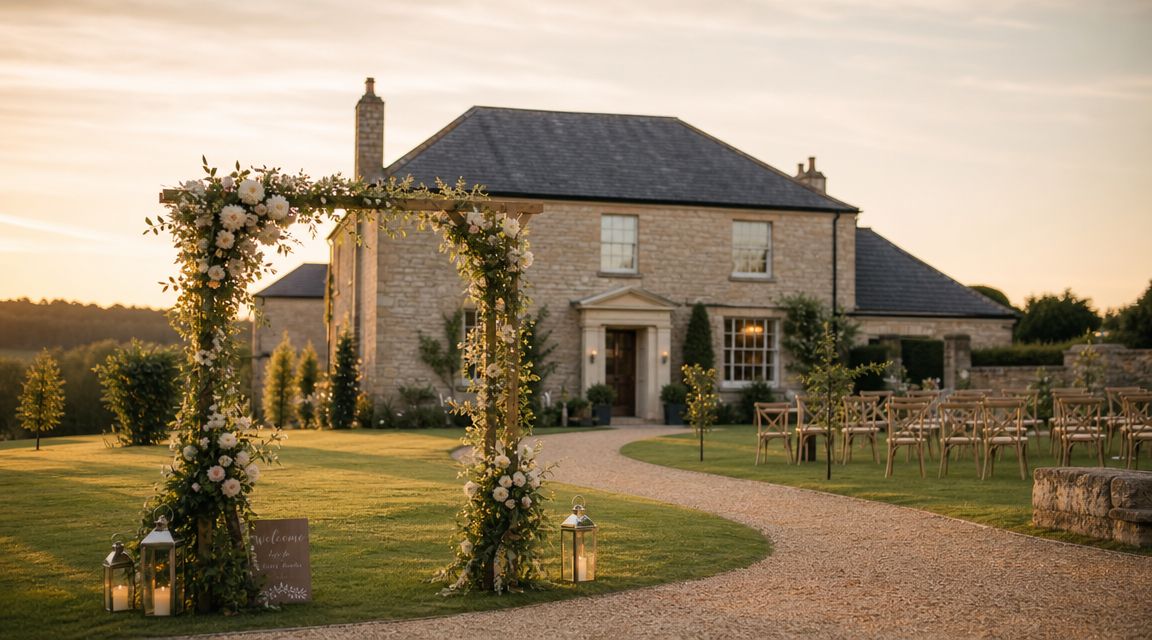 A scenic outdoor wedding setup featuring a floral archway leading to a stone house at sunset.