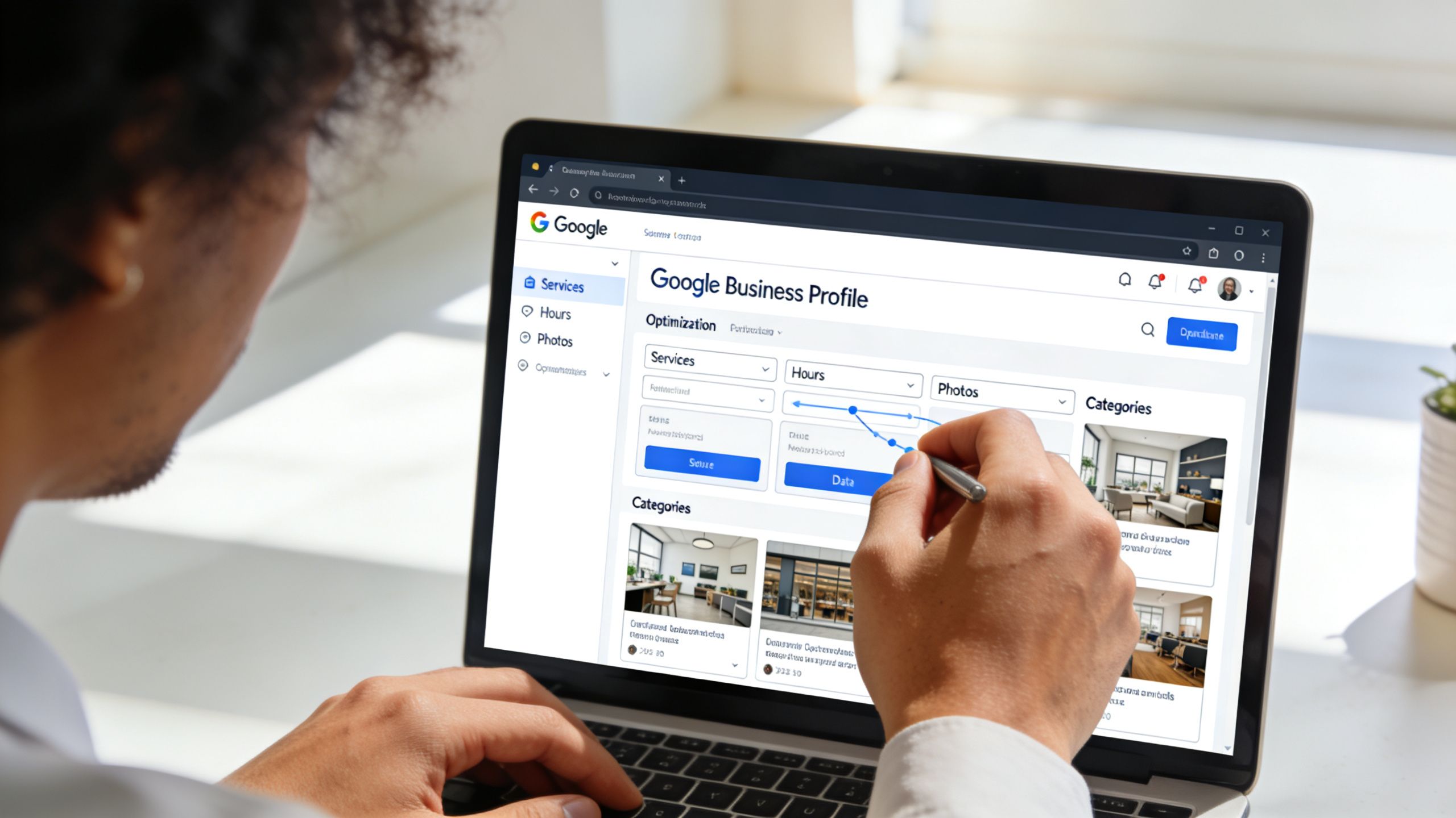 A person using a stylus on a laptop screen to edit their Google Business Profile settings.