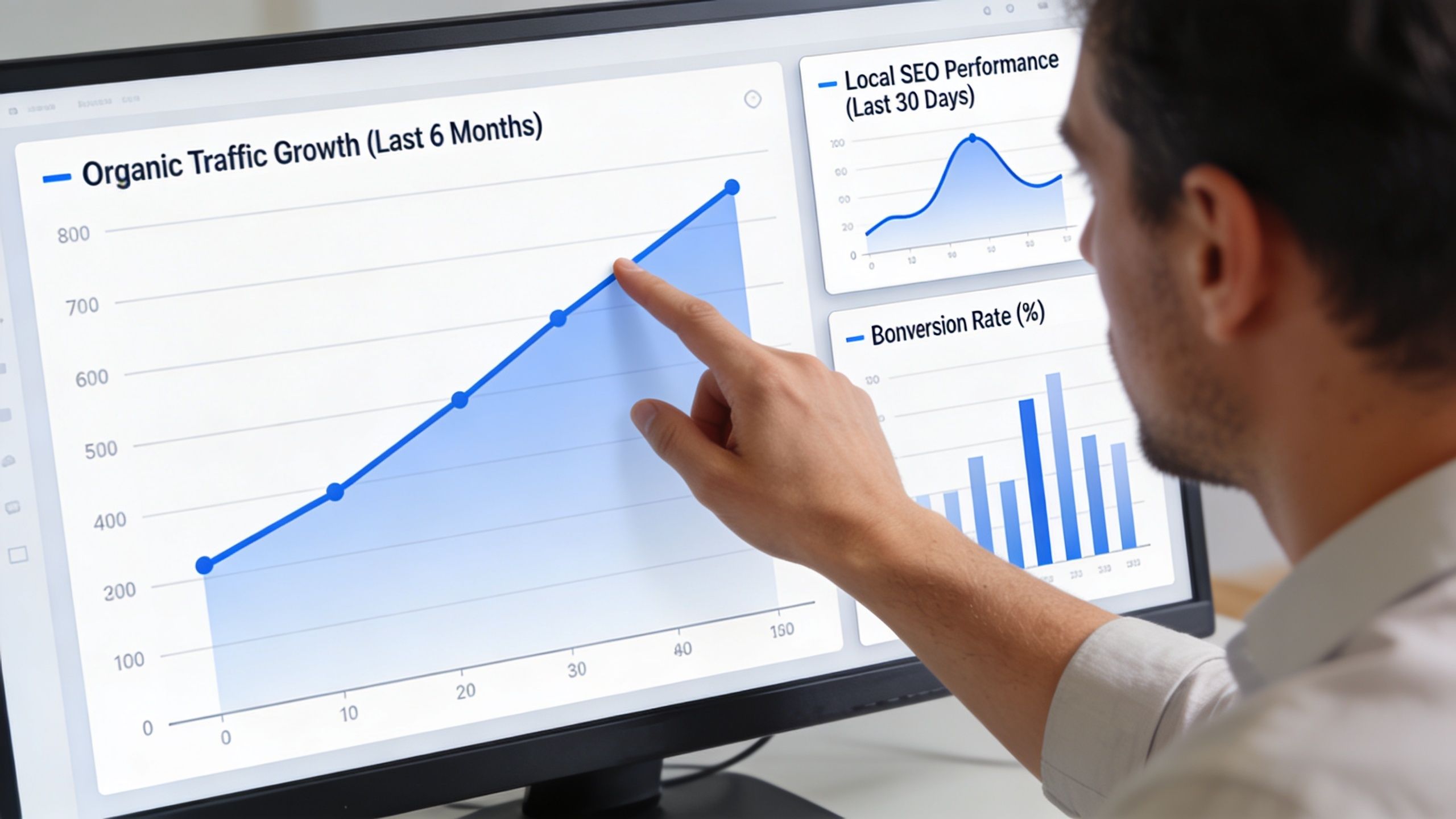 A professional analyzing organic growth and conversion rate charts on a computer screen for marketing strategy.