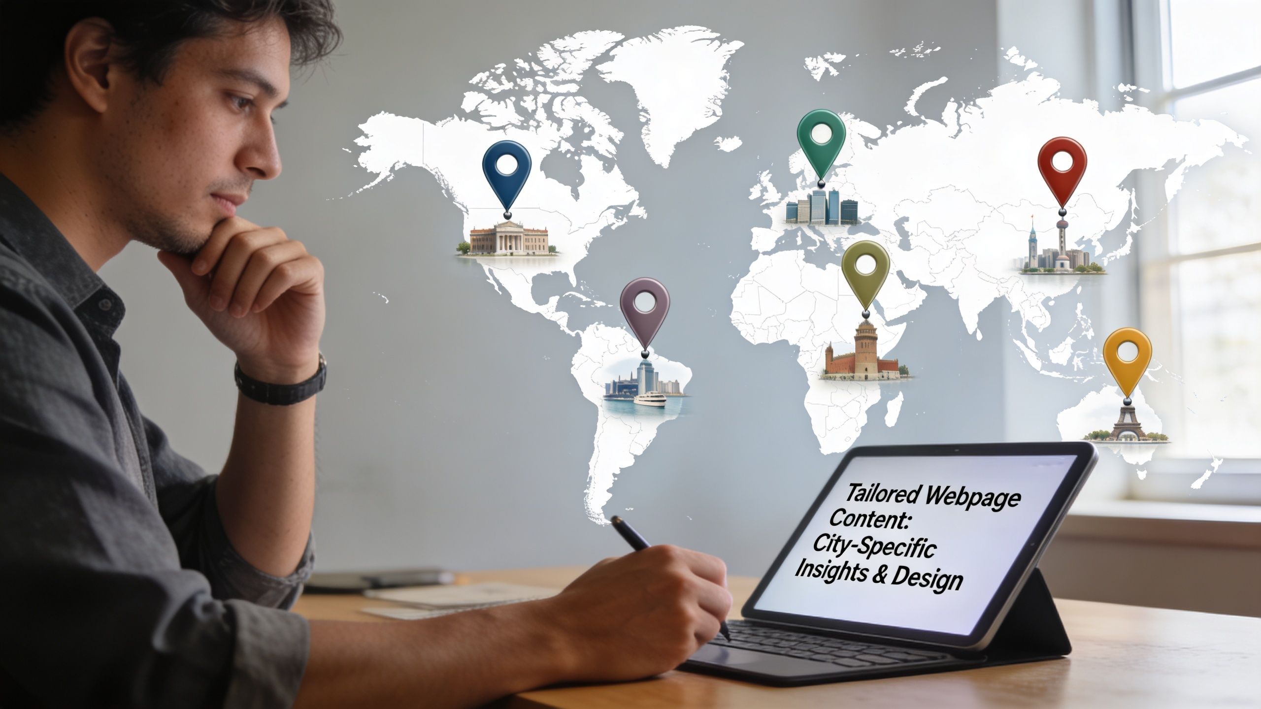 A professional working on a tablet, featuring an interactive map with global city-specific design insights.