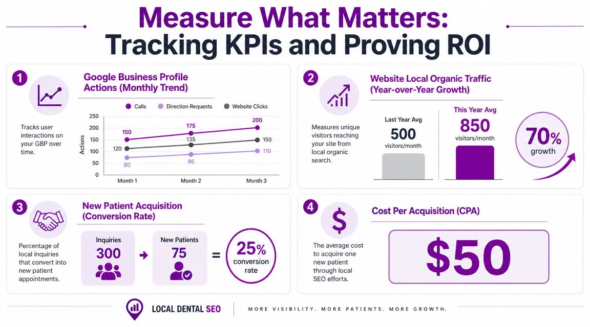 An infographic showing four key performance indicators for tracking local SEO success for a dental practice.