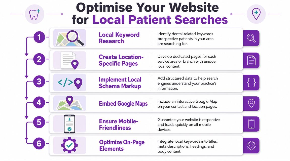 An infographic detailing six essential steps for dentists to optimize their websites for local patient search results.