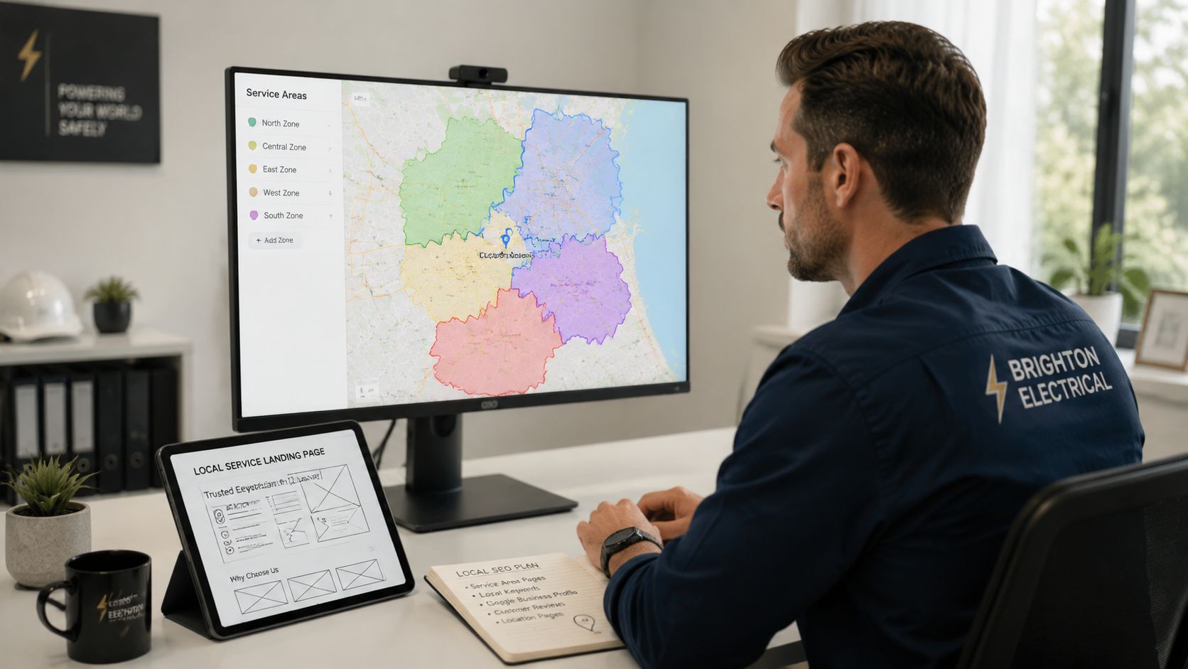 An electrician working at a desk with a monitor showing service area maps and local SEO planning notes.