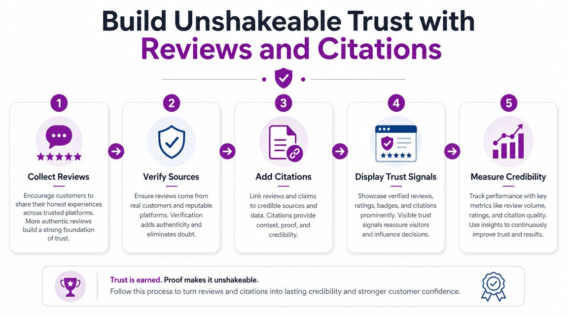 A five-step infographic guide on building trust for businesses using online customer reviews and citations.