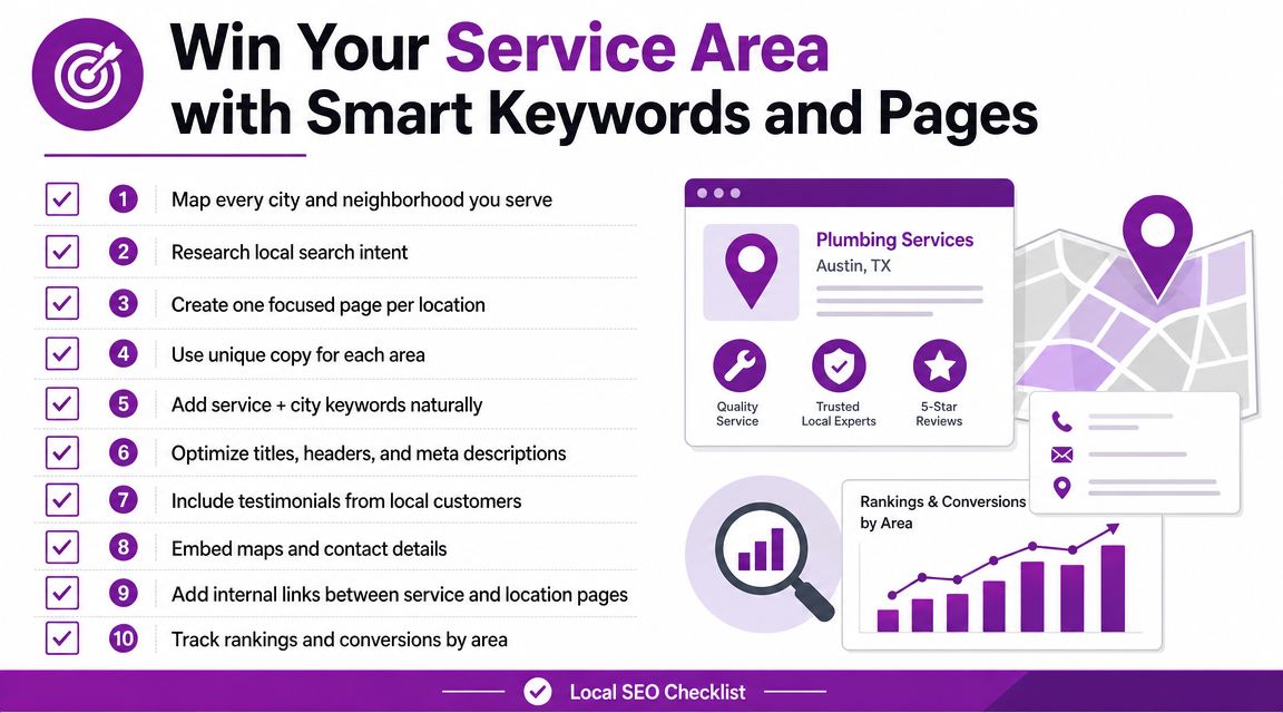 A ten-step checklist for local SEO services to help plumbers rank for specific cities and neighborhoods.