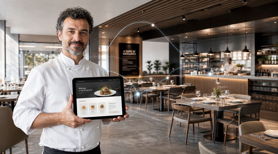 A professional chef standing in a restaurant holding a digital tablet displaying a website menu.