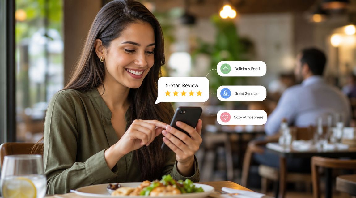 A happy woman sits at a restaurant table using her smartphone to leave a 5-star review.