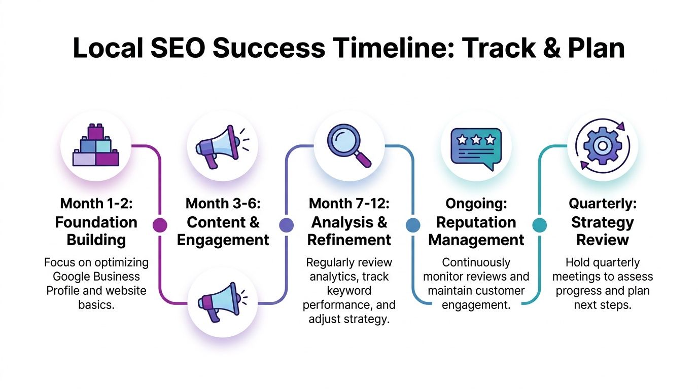 A professional infographic outlining a five-stage timeline for implementing an effective local SEO strategy for businesses.