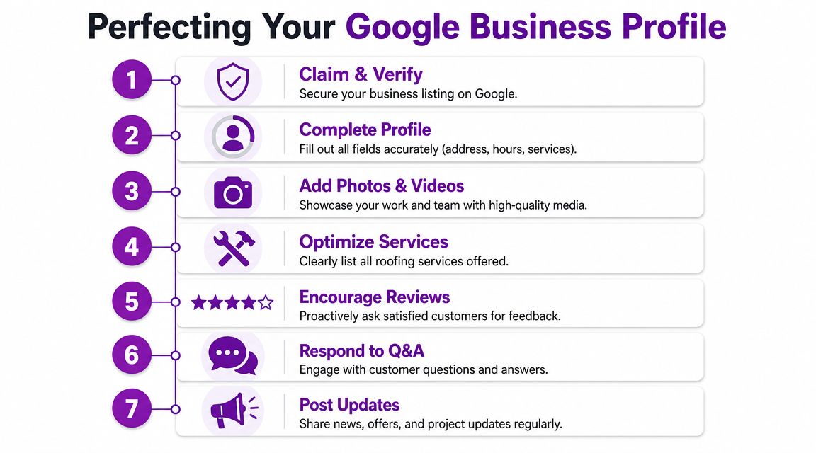 A seven step infographic guide to perfecting a Google Business Profile for roofing contractors.