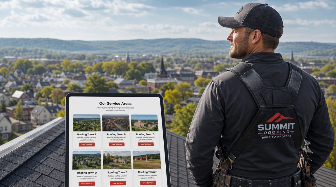 A professional roofer wearing branded gear looks out over a town while holding a digital service area map.