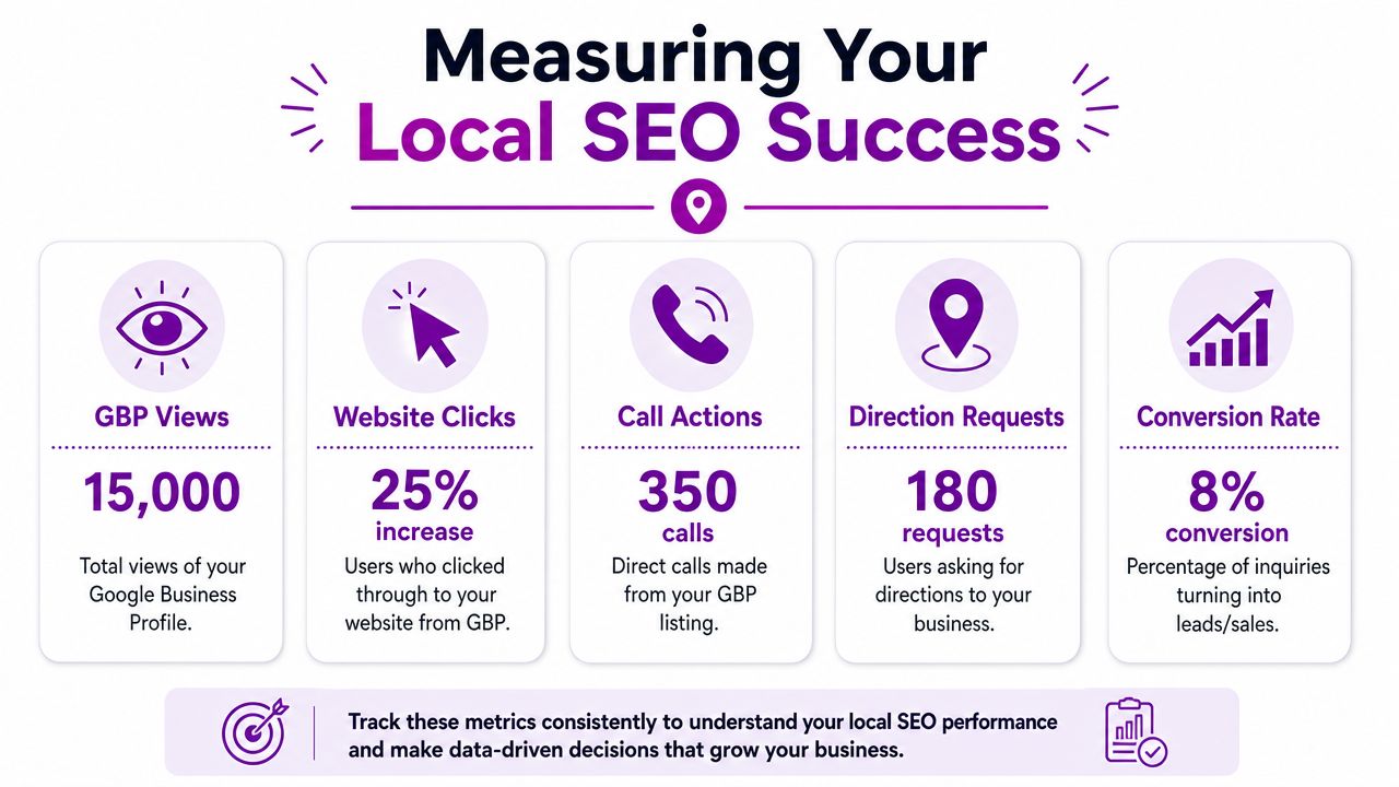 An infographic showing five key metrics for measuring local SEO success including views, clicks, and conversion rates.
