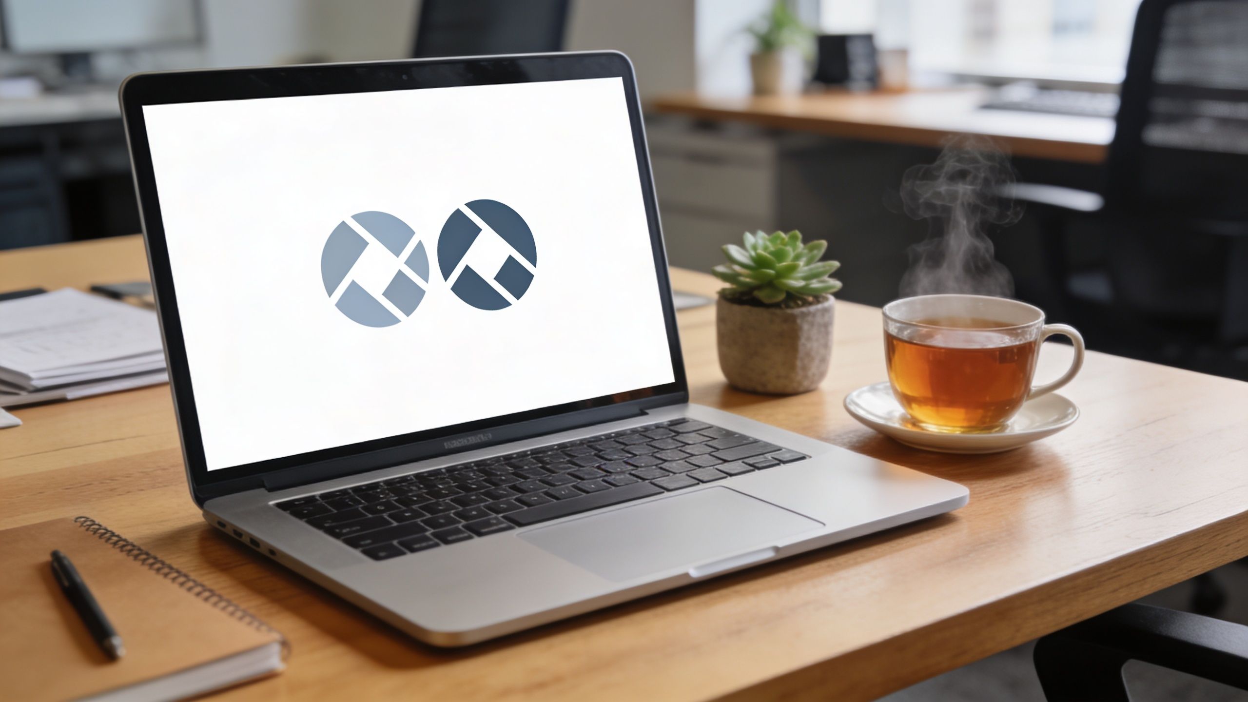 A modern silver laptop displaying a geometric logo on a wooden desk with a steaming tea cup.