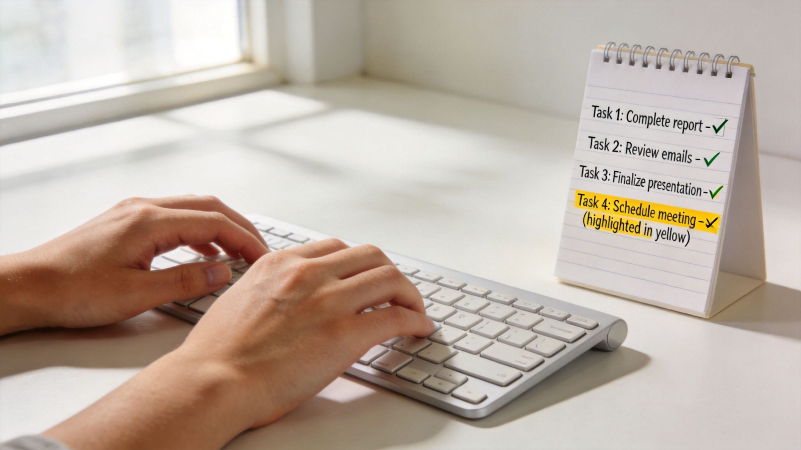 A person types on a white computer keyboard beside a to-do list with checked tasks.