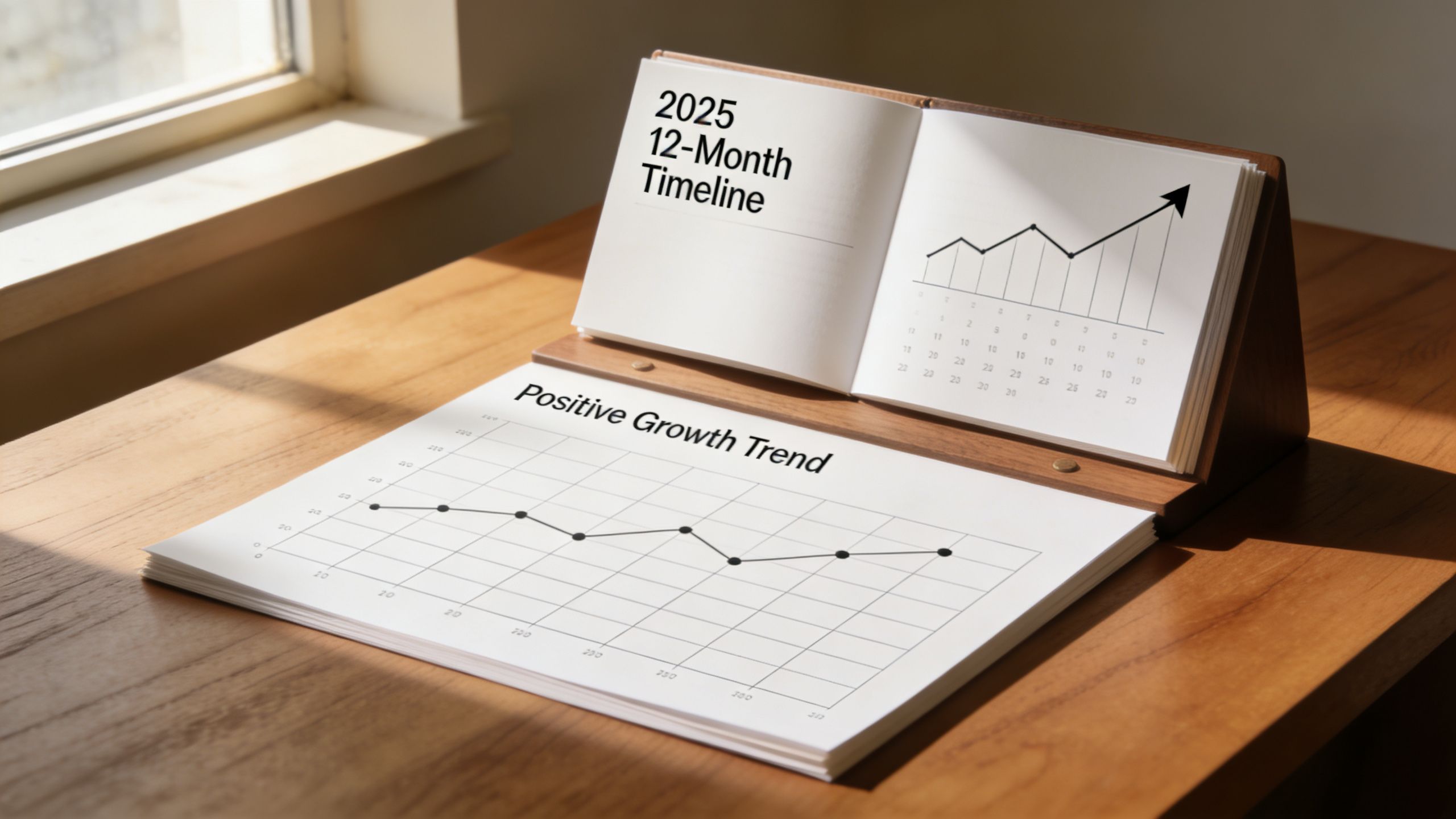 A wooden desktop display featuring a 2025 growth chart and a document labeled positive growth trend.