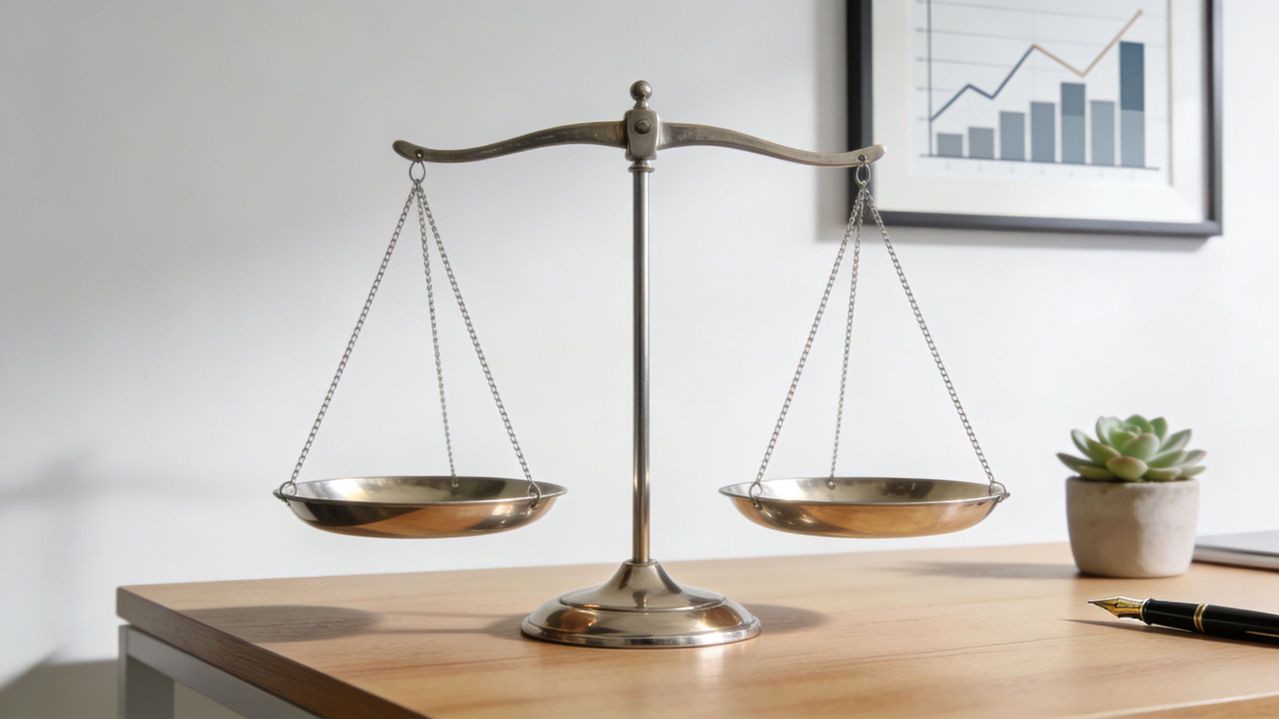 A set of brass scales of justice sitting on a wooden desk next to a plant.